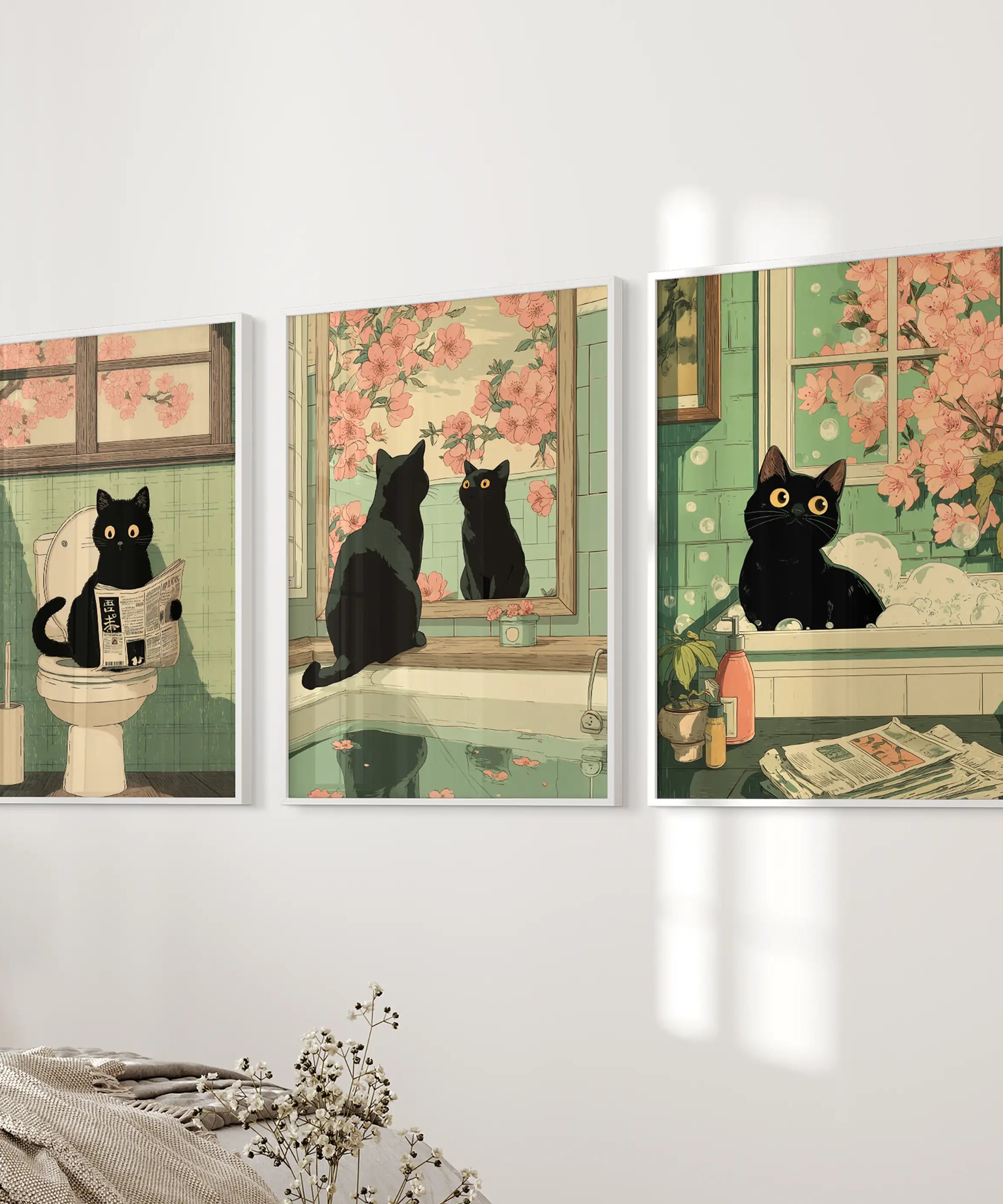 Funny Bathroom Poster. Japan Cat Pooping Wall Art Set of 3