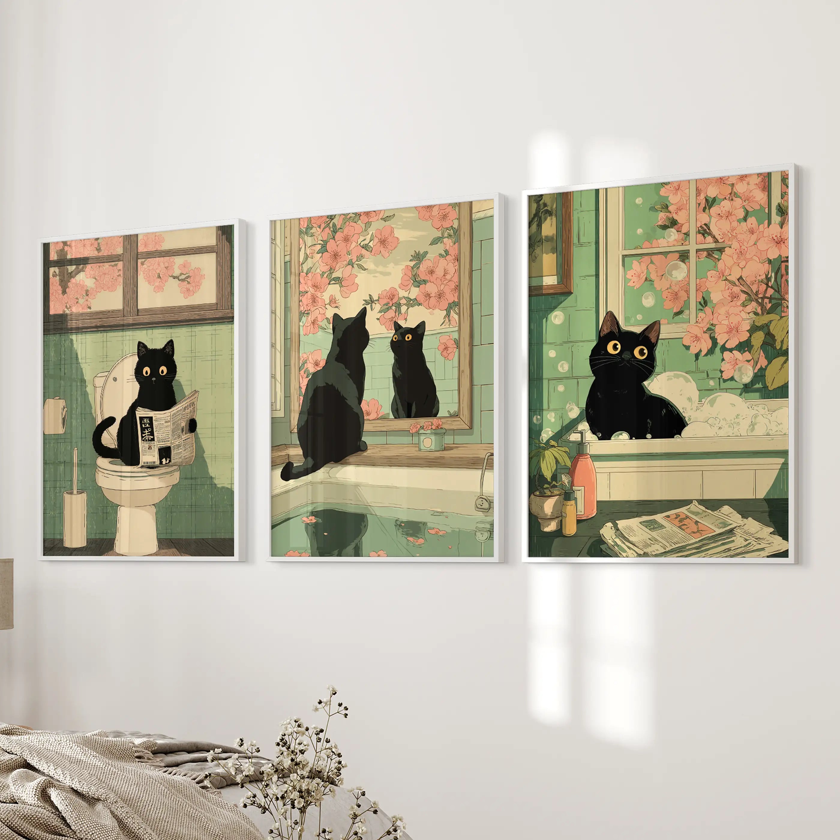 Funny Bathroom Poster. Japan Cat Pooping Wall Art Set of 3