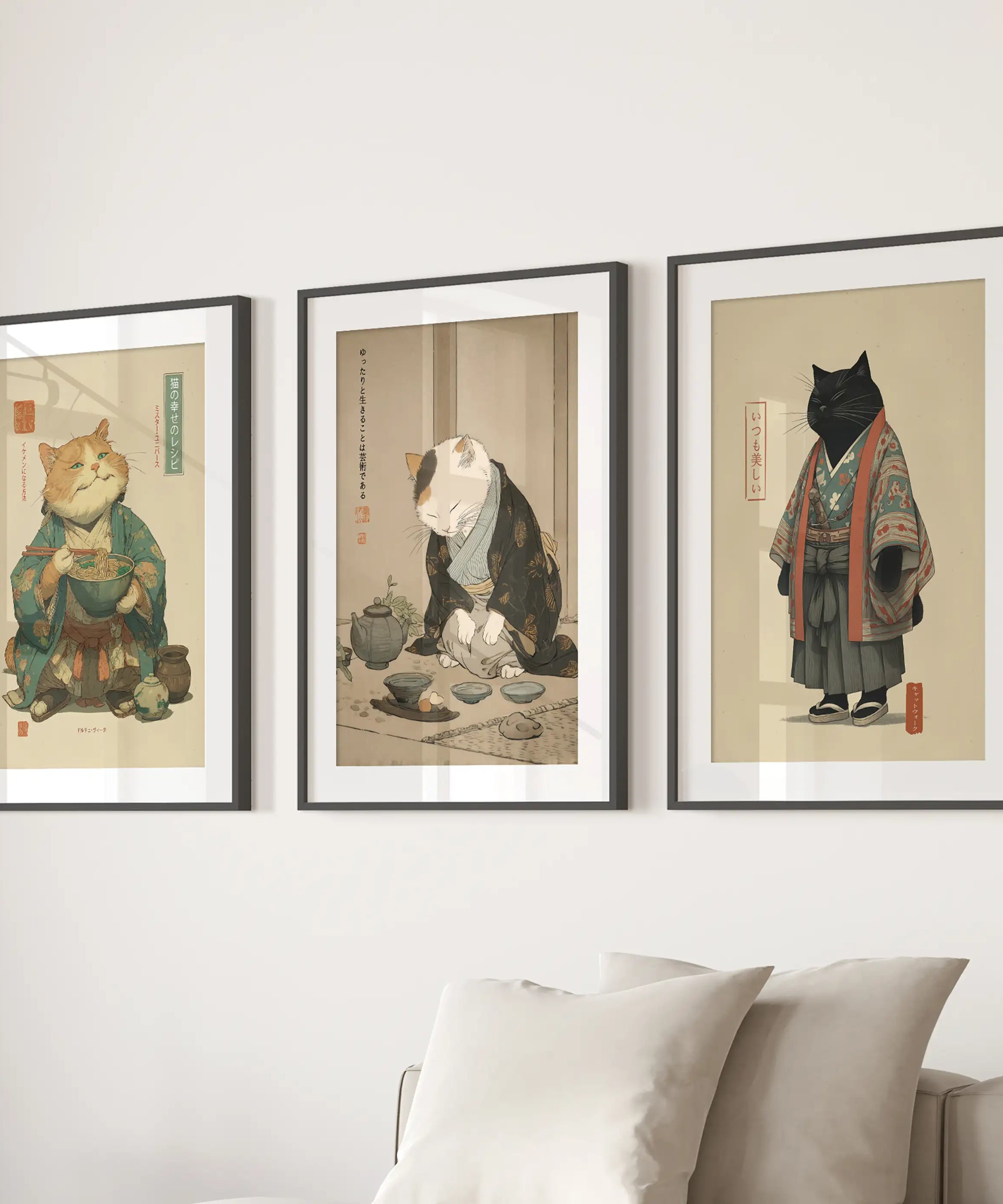 Japanese Ukiyo-e Style Cat Wall Art Set of 3. Tea Ceremony