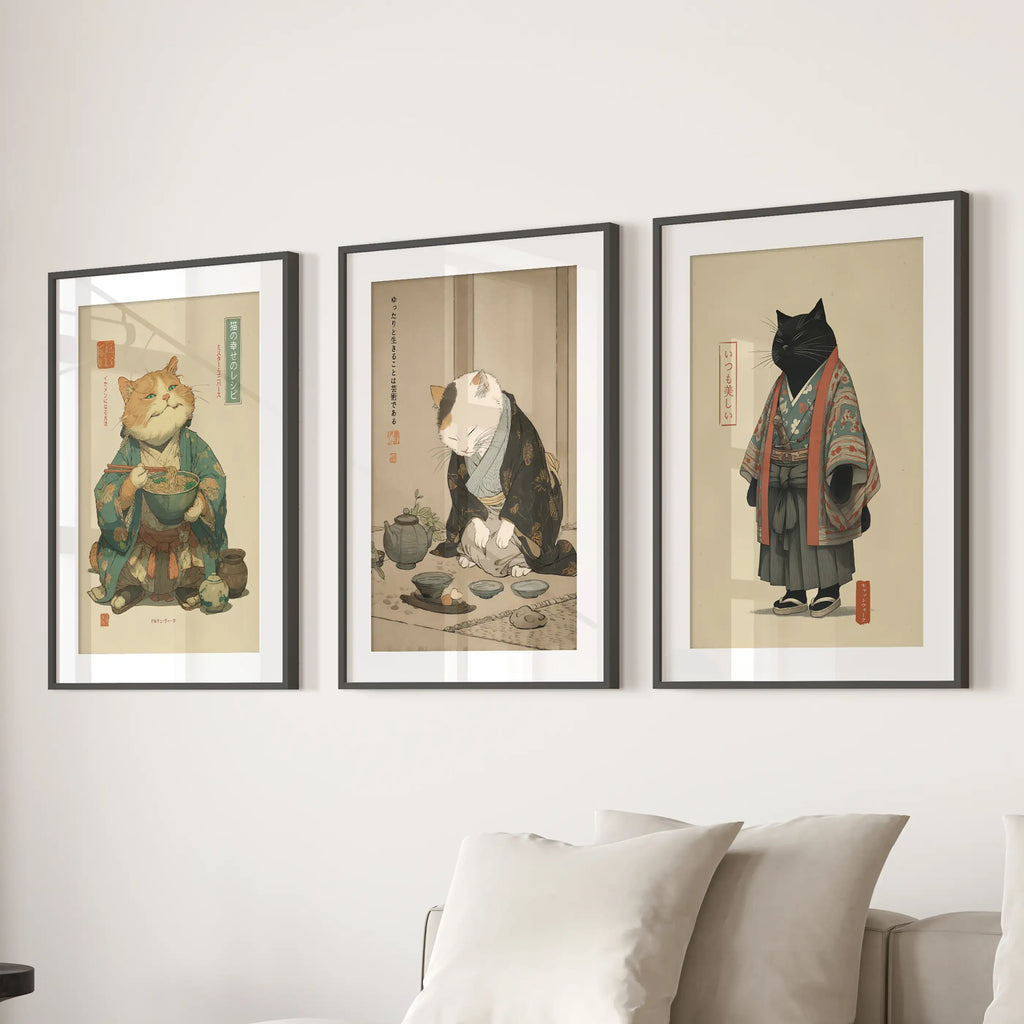Japanese Ukiyo-e Style Cat Wall Art Set of 3. Tea Ceremony