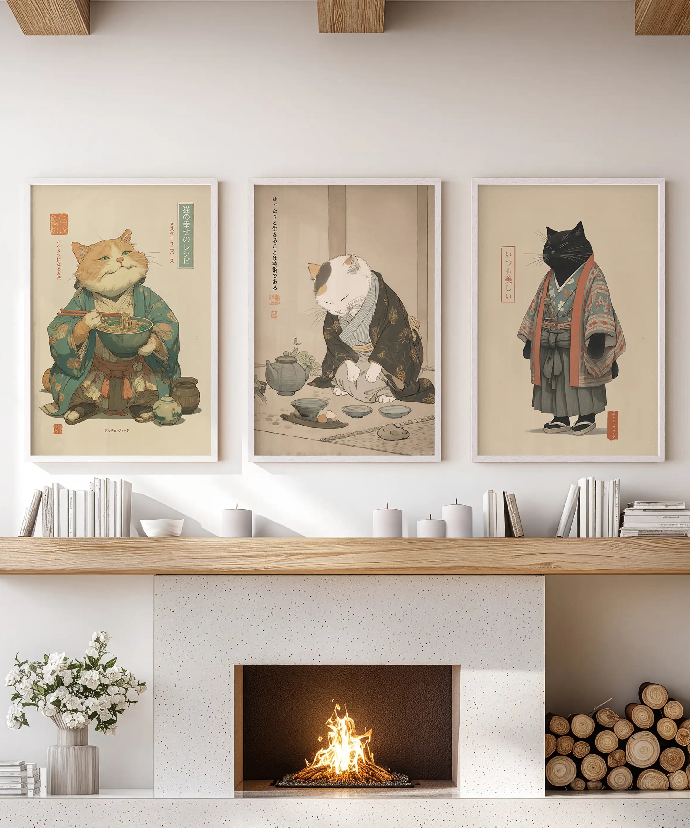 Japanese Ukiyo-e Style Cat Wall Art Set of 3. Tea Ceremony