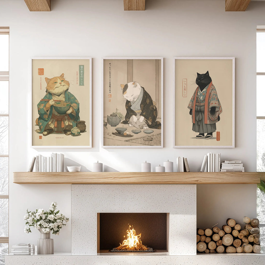 Japanese Ukiyo-e Style Cat Wall Art Set of 3. Tea Ceremony