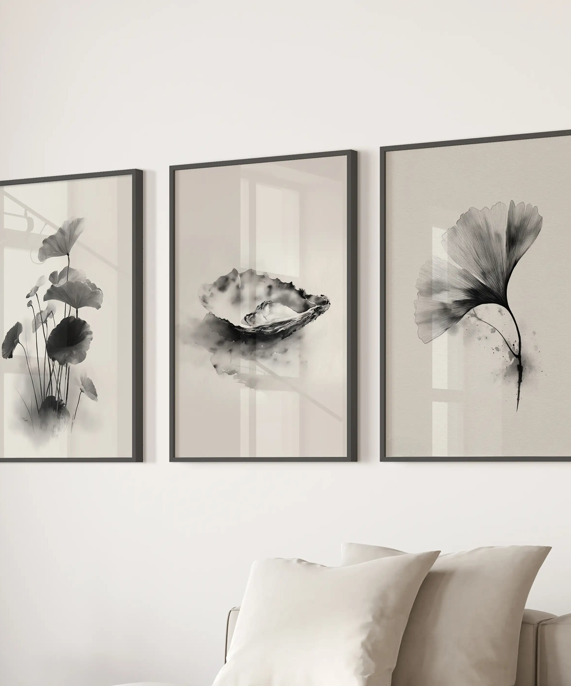 Minimalist Japanese Set of 3 Prints. Black and White Flowers Decor