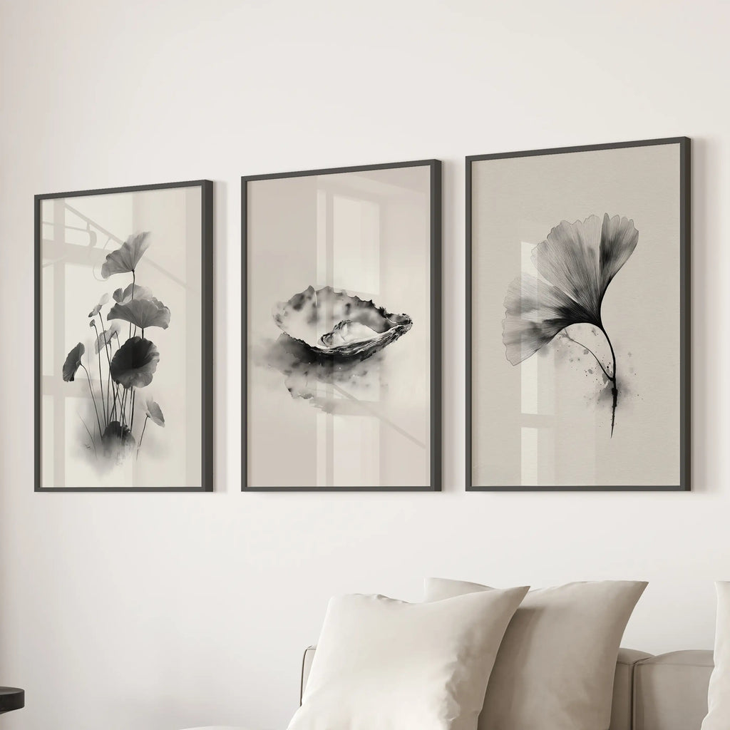 Minimalist Japanese Set of 3 Prints. Black and White Flowers Decor