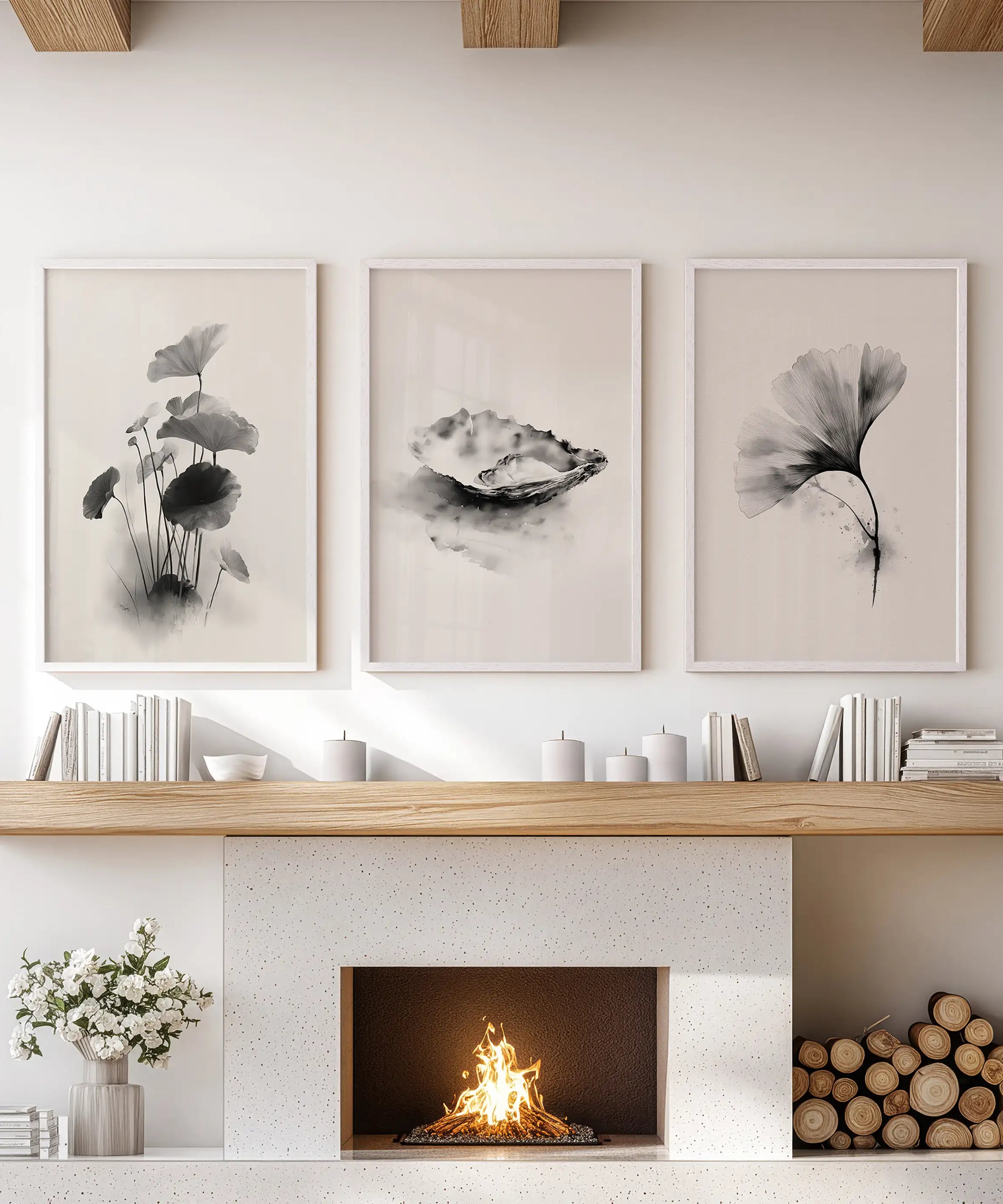 Minimalist Japanese Set of 3 Prints. Black and White Flowers Decor