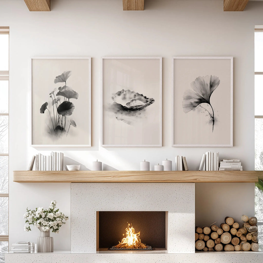 Minimalist Japanese Set of 3 Prints. Black and White Flowers Decor