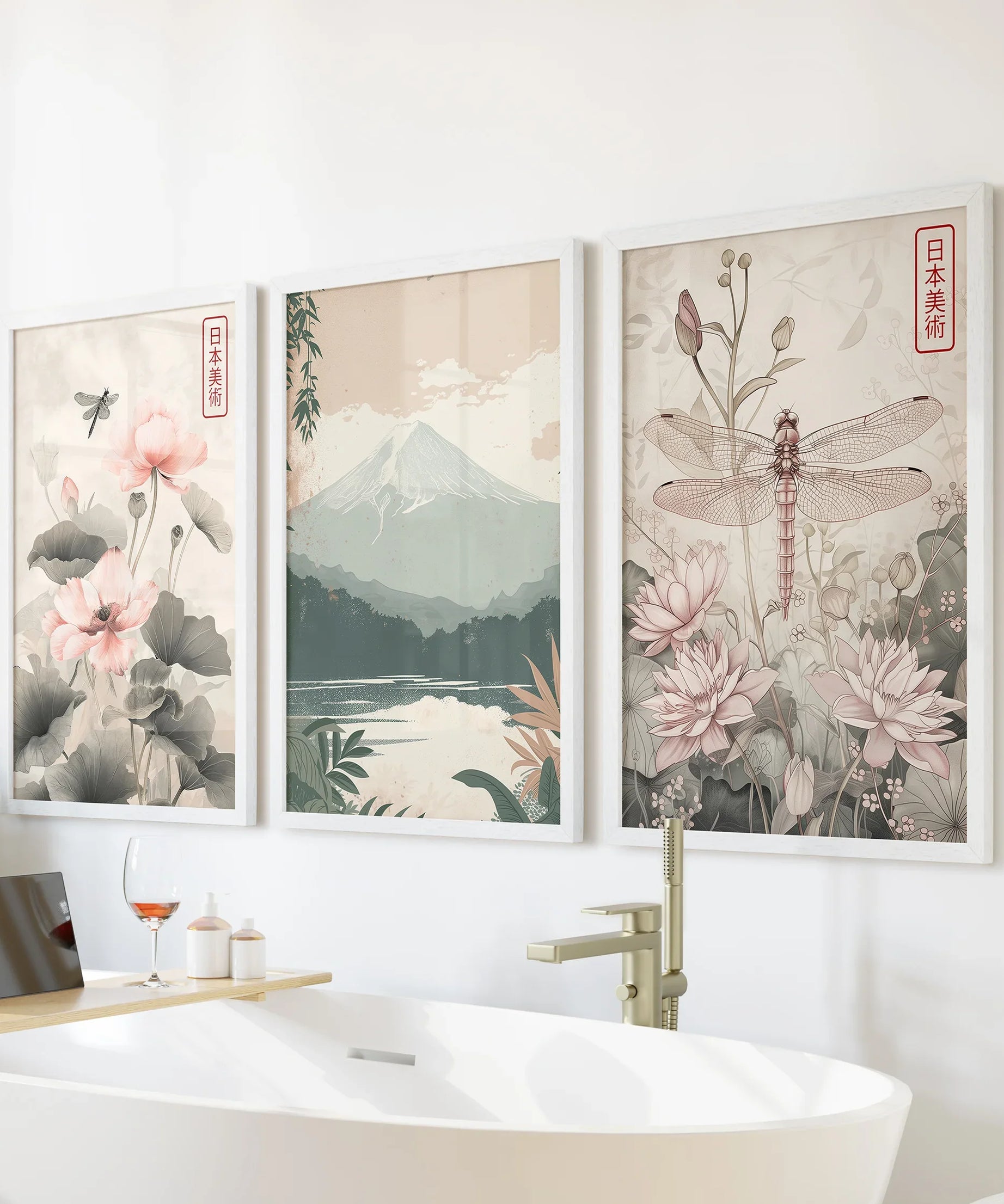 Japandi Style Set of 3 Wall Art. Floral and Mountain Prints