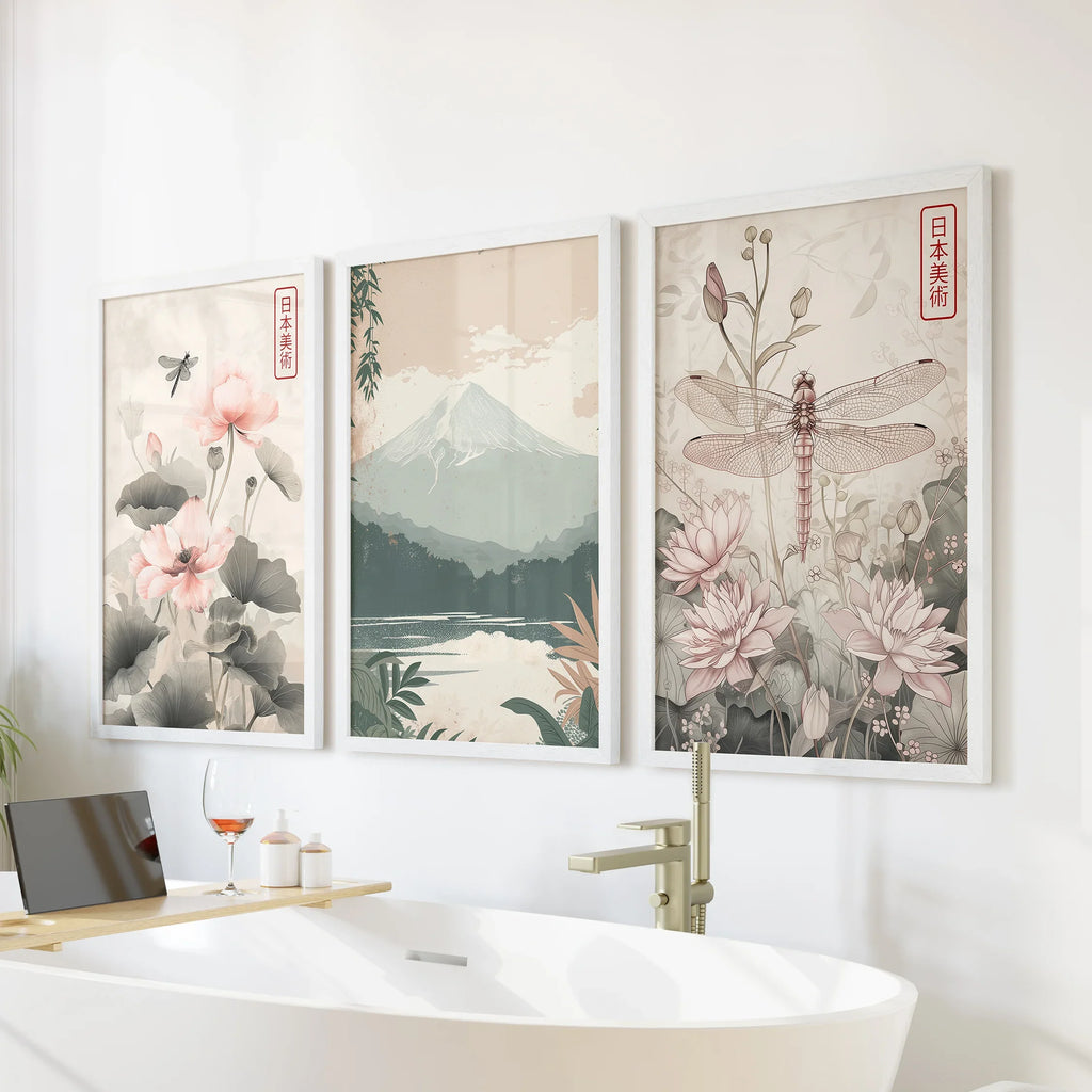 Japandi Style Set of 3 Wall Art. Floral and Mountain Prints