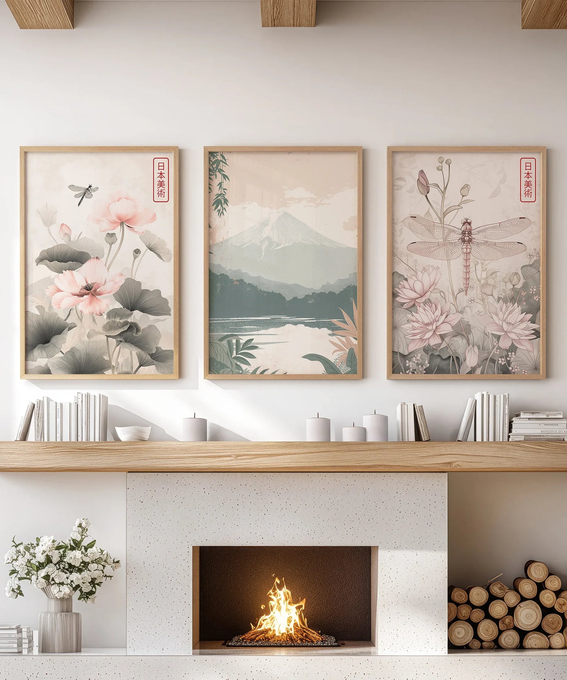 Japandi Style Set of 3 Wall Art. Floral and Mountain Prints