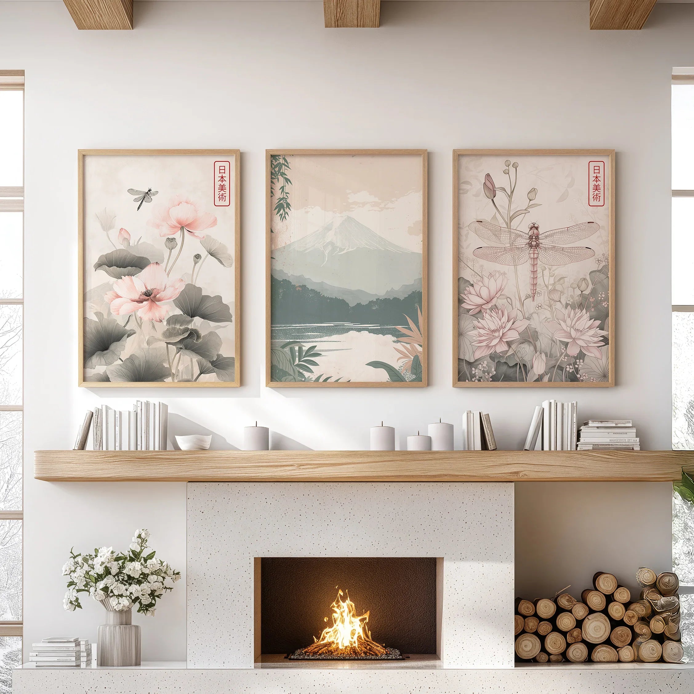 Japandi Style Set of 3 Wall Art. Floral and Mountain Prints