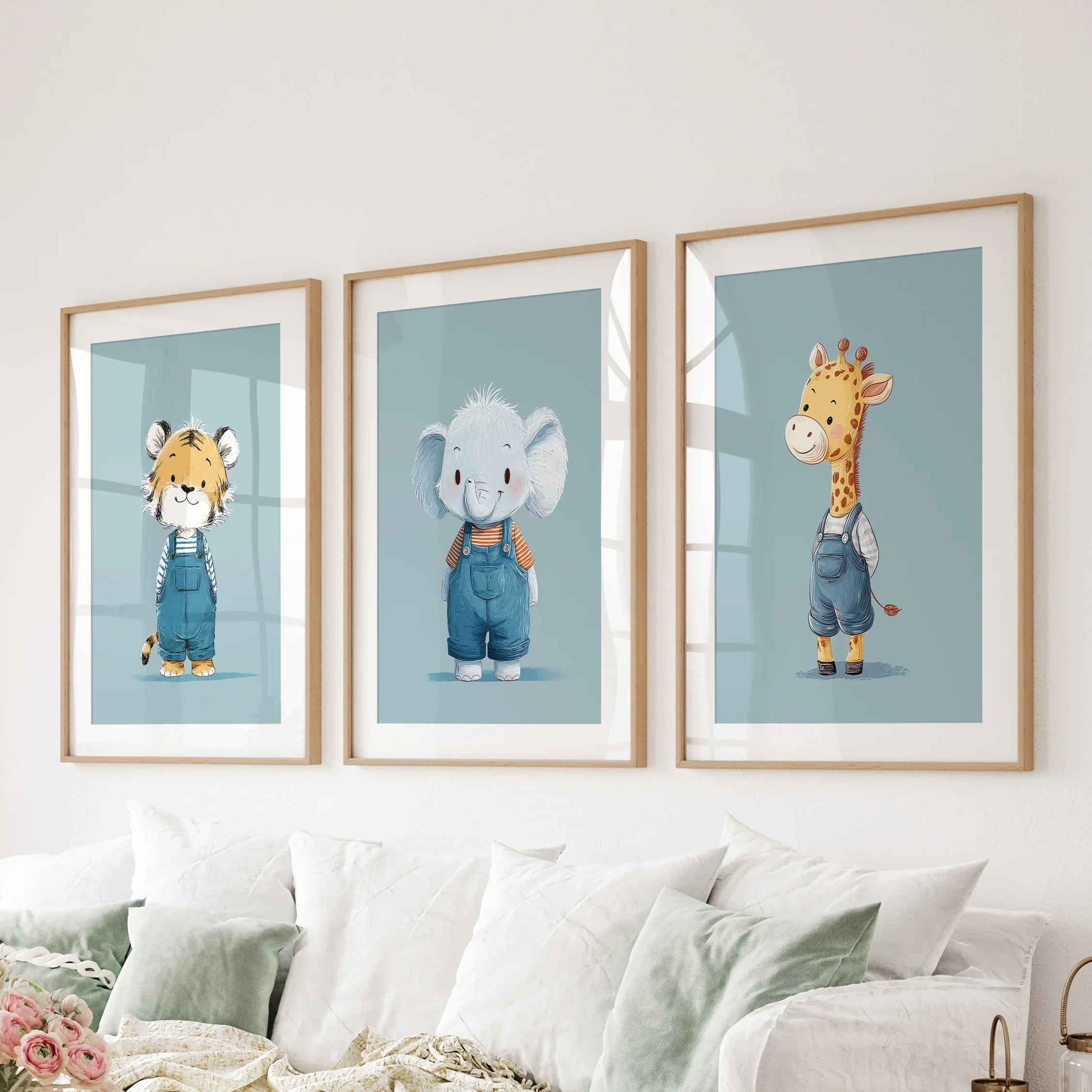 Safari Nursery Wall Art Set of 3. Baby Elephant, Giraffe, Tiger