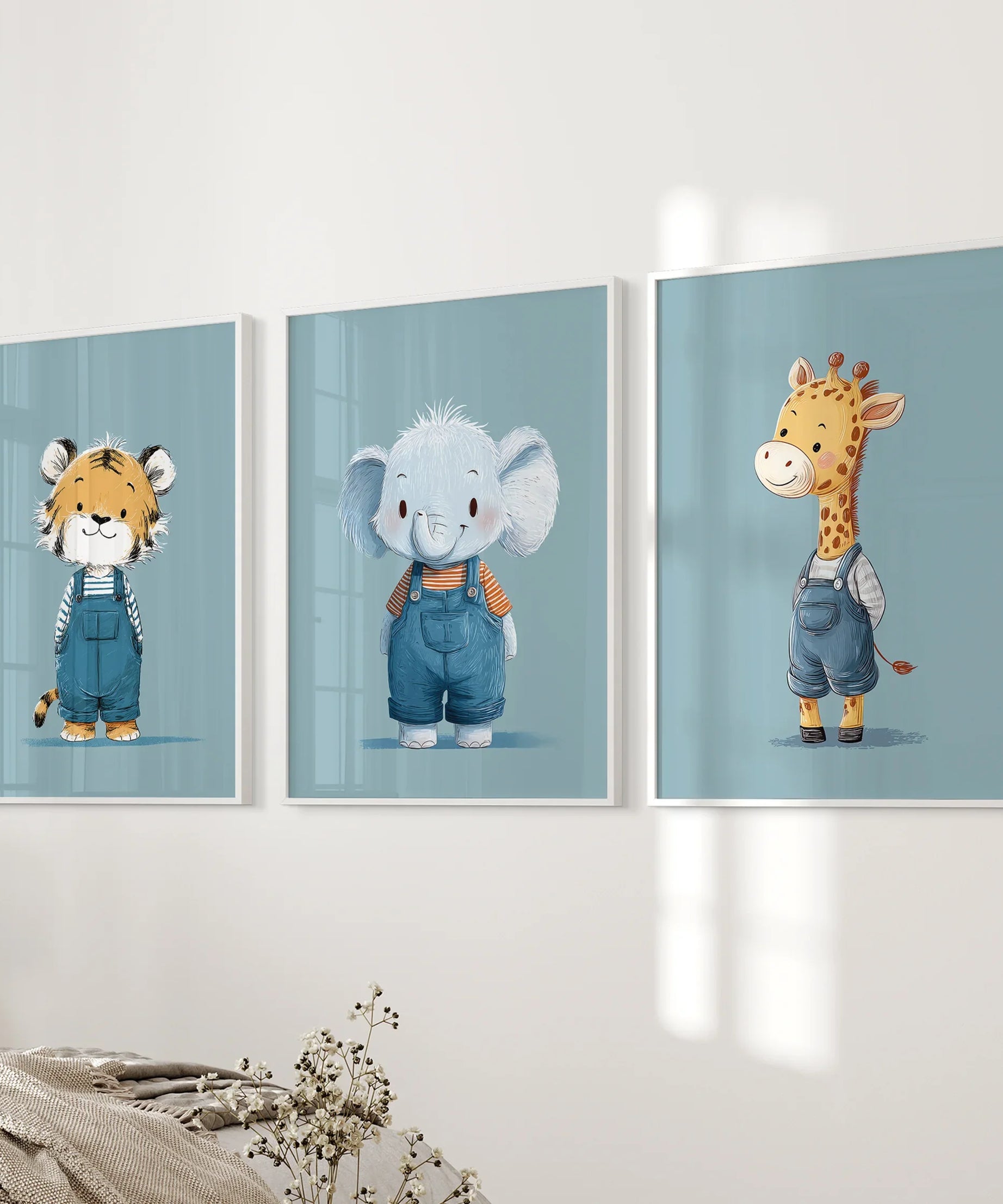 Safari Nursery Wall Art Set of 3. Baby Elephant, Giraffe, Tiger