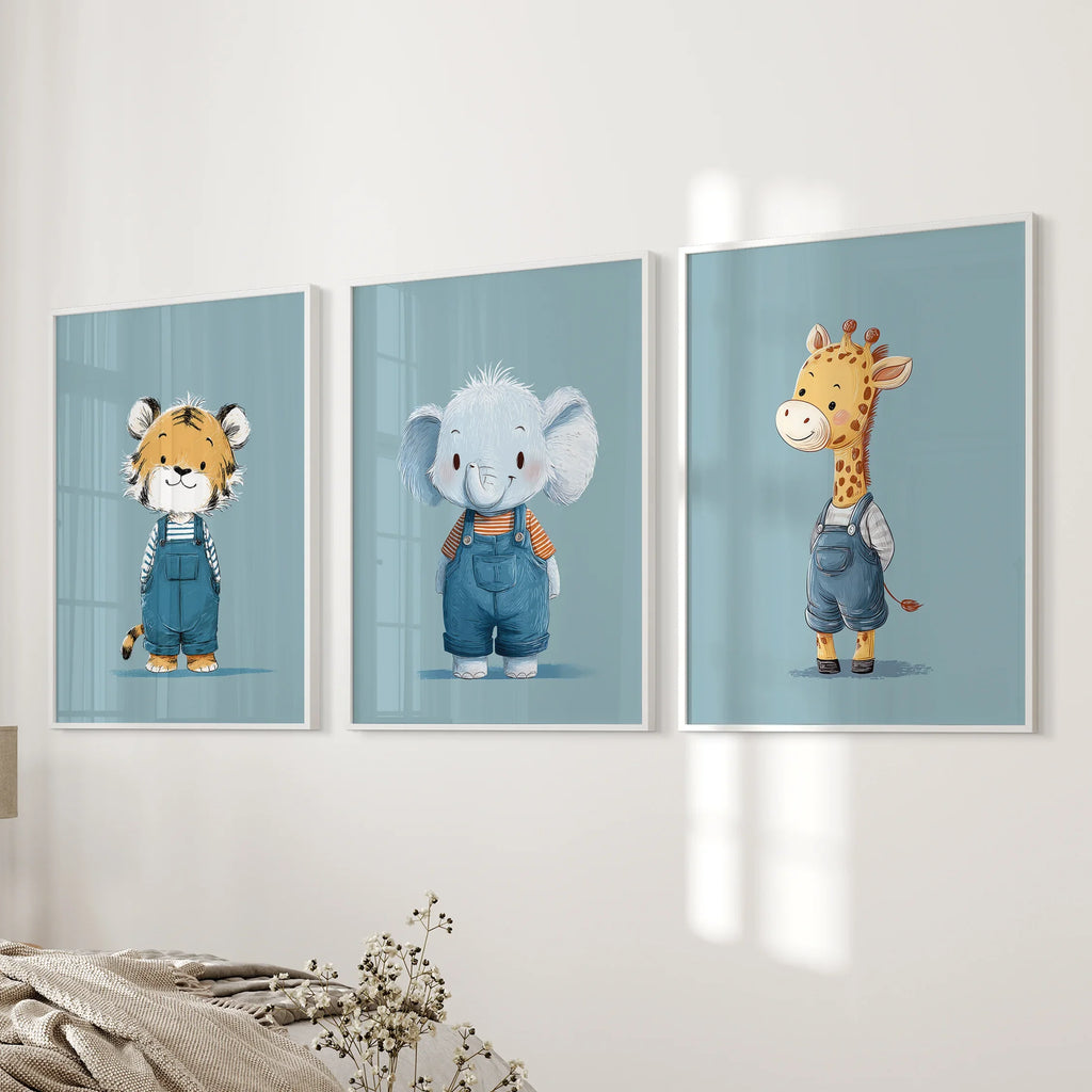 Safari Nursery Wall Art Set of 3. Baby Elephant, Giraffe, Tiger