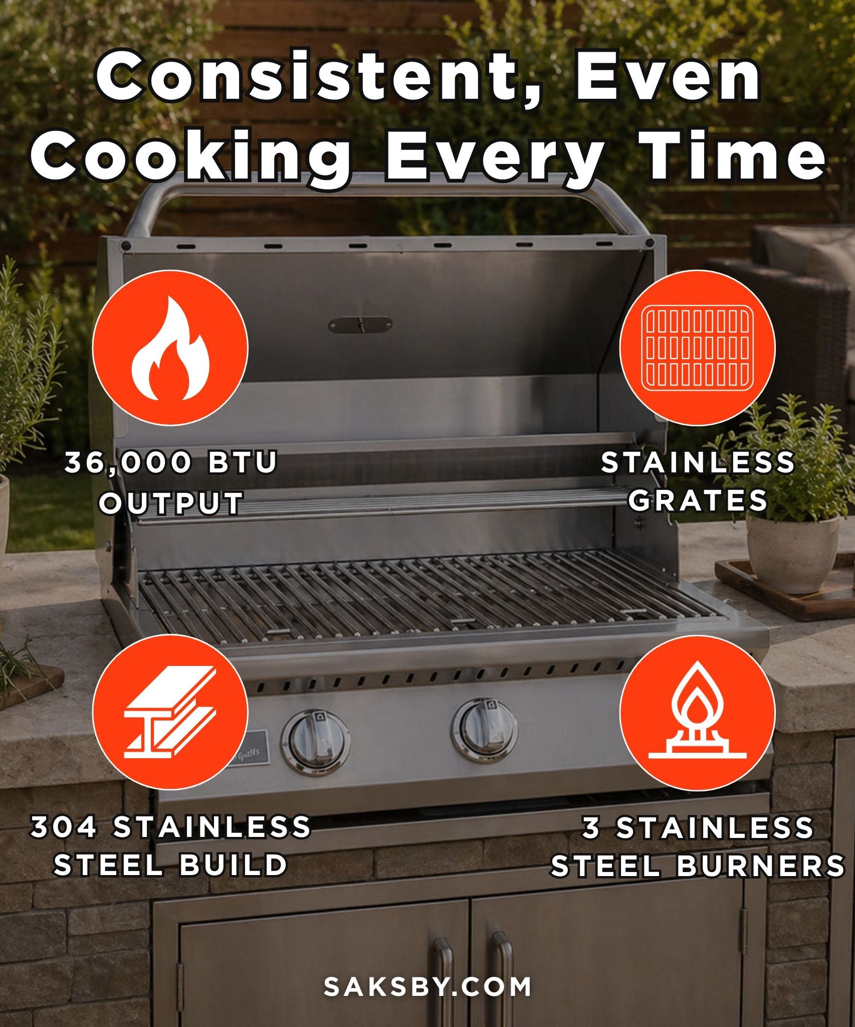 KoKoMo Grills 26-Inch Premium 36K BTU LP/NG 3 Burner Built-In Stainless Steel Gas Grill (SAK82173)