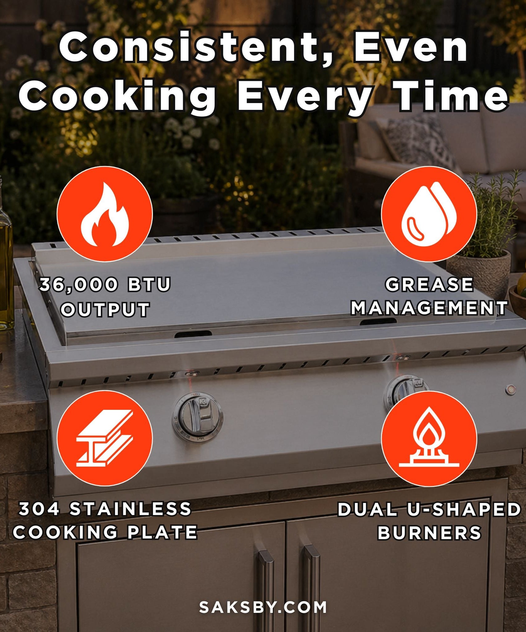 KoKoMo Grills 30-Inch Professional 36K BTU Griddle Outdoor Kitchen Flat Grill With Illuminated Control Knobs (SAK28914)
