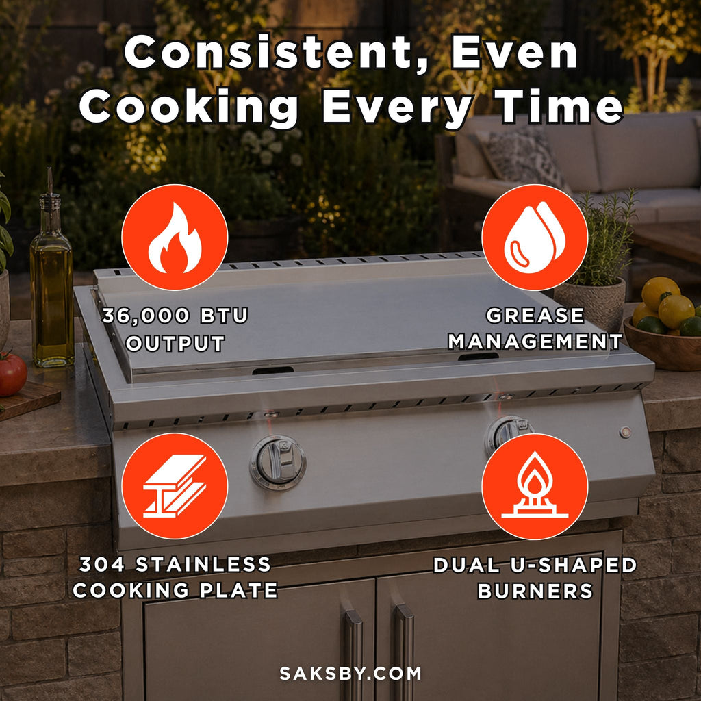 KoKoMo Grills 30-Inch Professional 36K BTU Griddle Outdoor Kitchen Flat Grill With Illuminated Control Knobs (SAK28914)