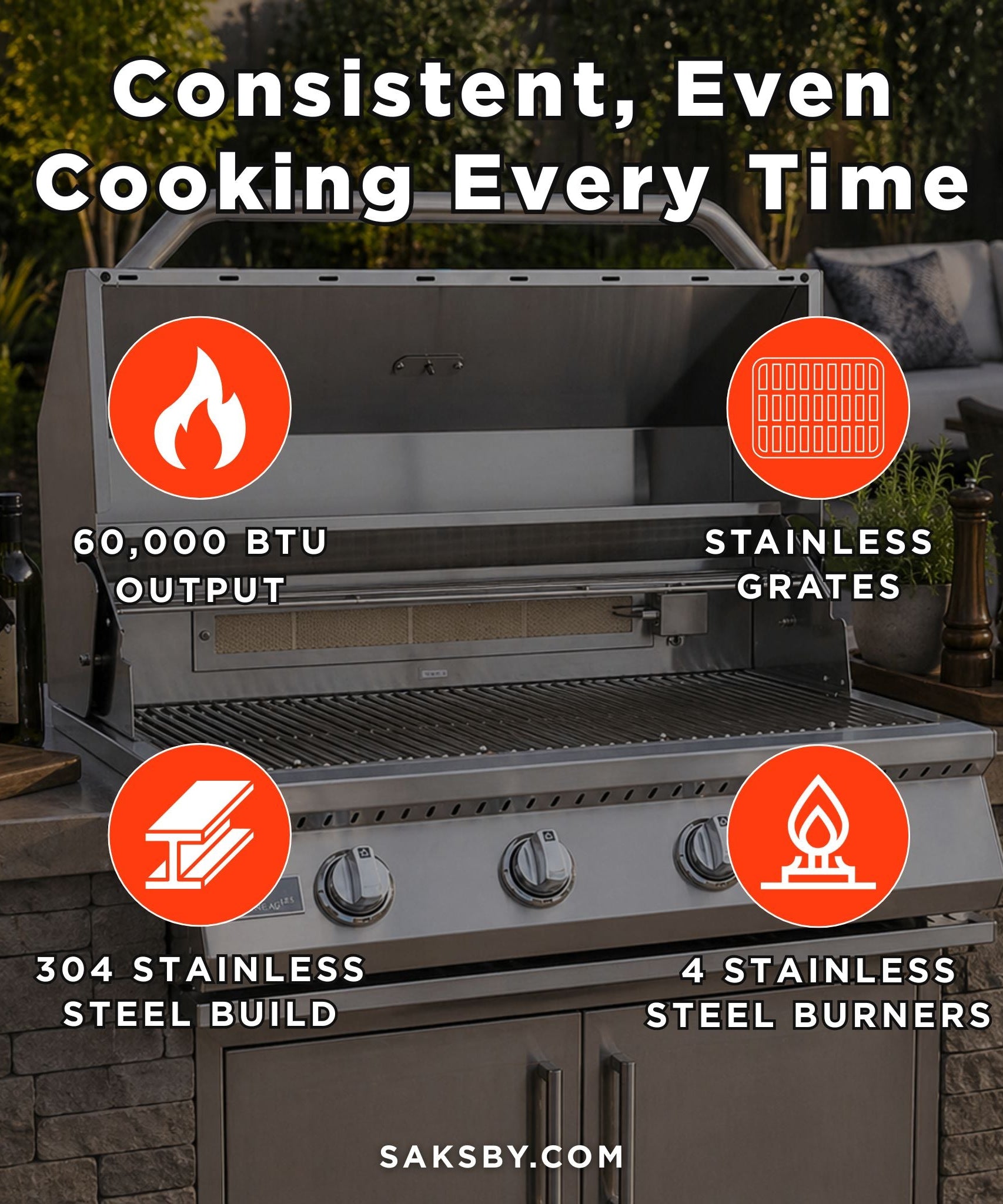 KoKoMo Grills 32-Inch Heavy Duty 60K BTU LP/NG 4 Burner Built-In Stainless Steel Gas Grill (SAK25317)