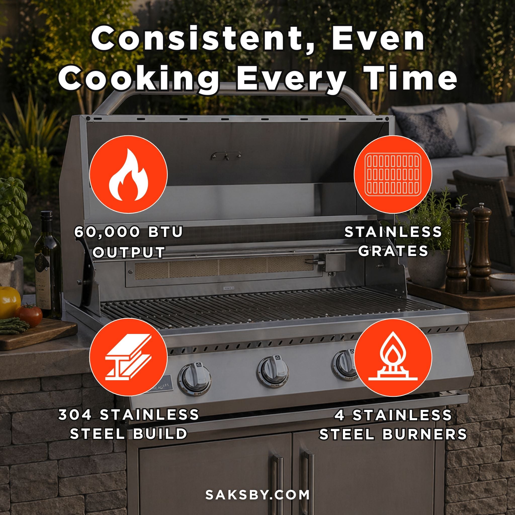 KoKoMo Grills 32-Inch Heavy Duty 60K BTU LP/NG 4 Burner Built-In Stainless Steel Gas Grill (SAK25317)