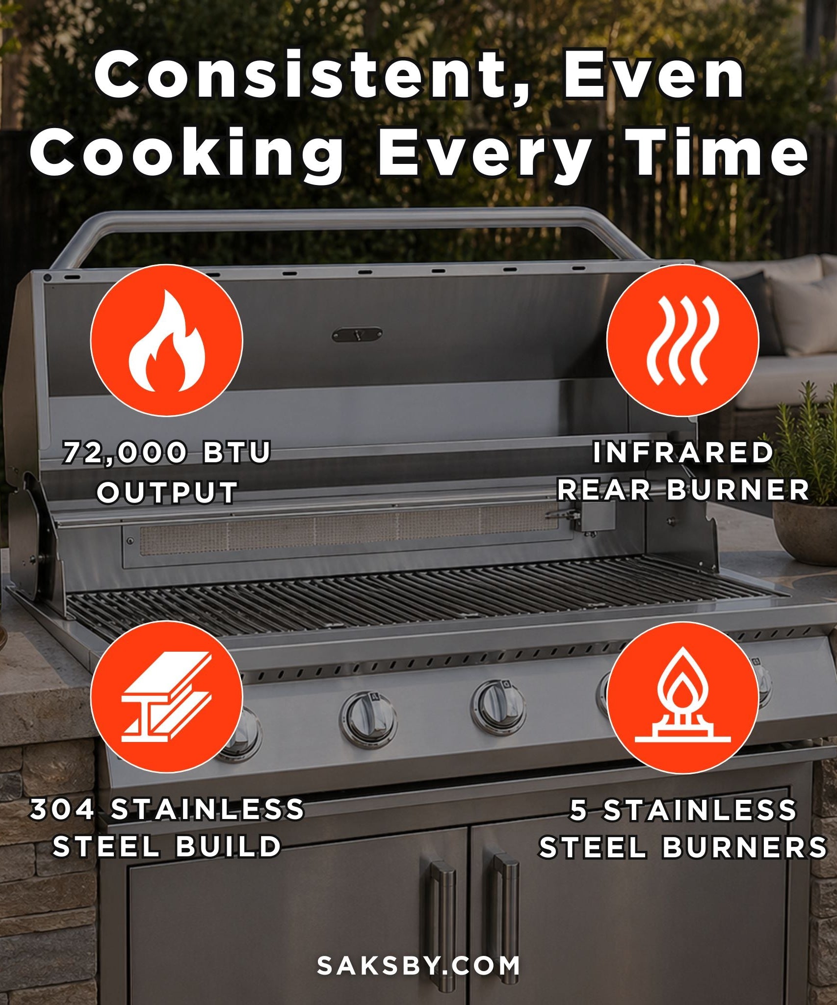 KoKoMo Grills 40-Inch Heavy-Duty 72K BTU LP/NG 5 Burner Built-In Stainless Steel Gas Grill (SAK73152)