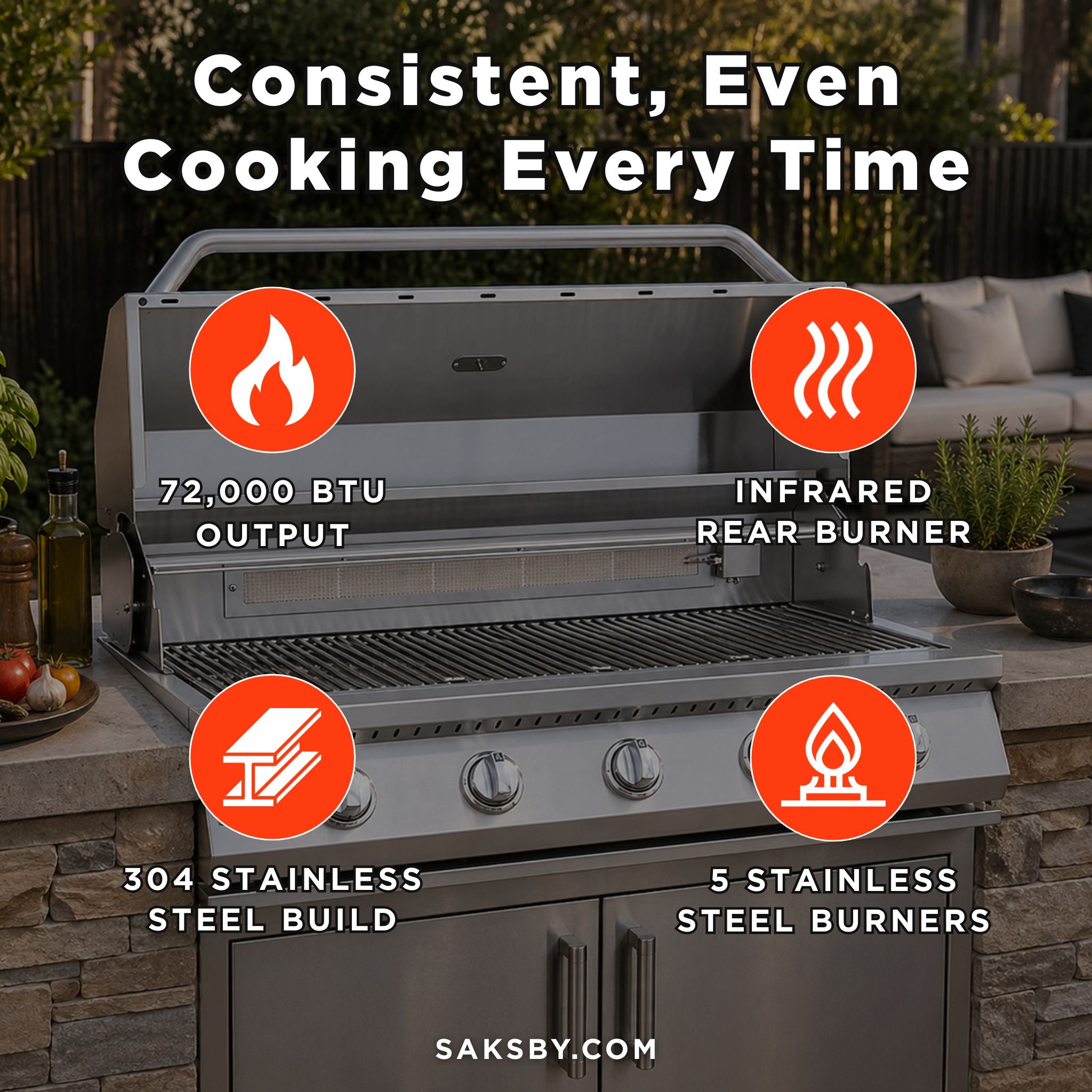 KoKoMo Grills 40-Inch Heavy-Duty 72K BTU LP/NG 5 Burner Built-In Stainless Steel Gas Grill (SAK73152)
