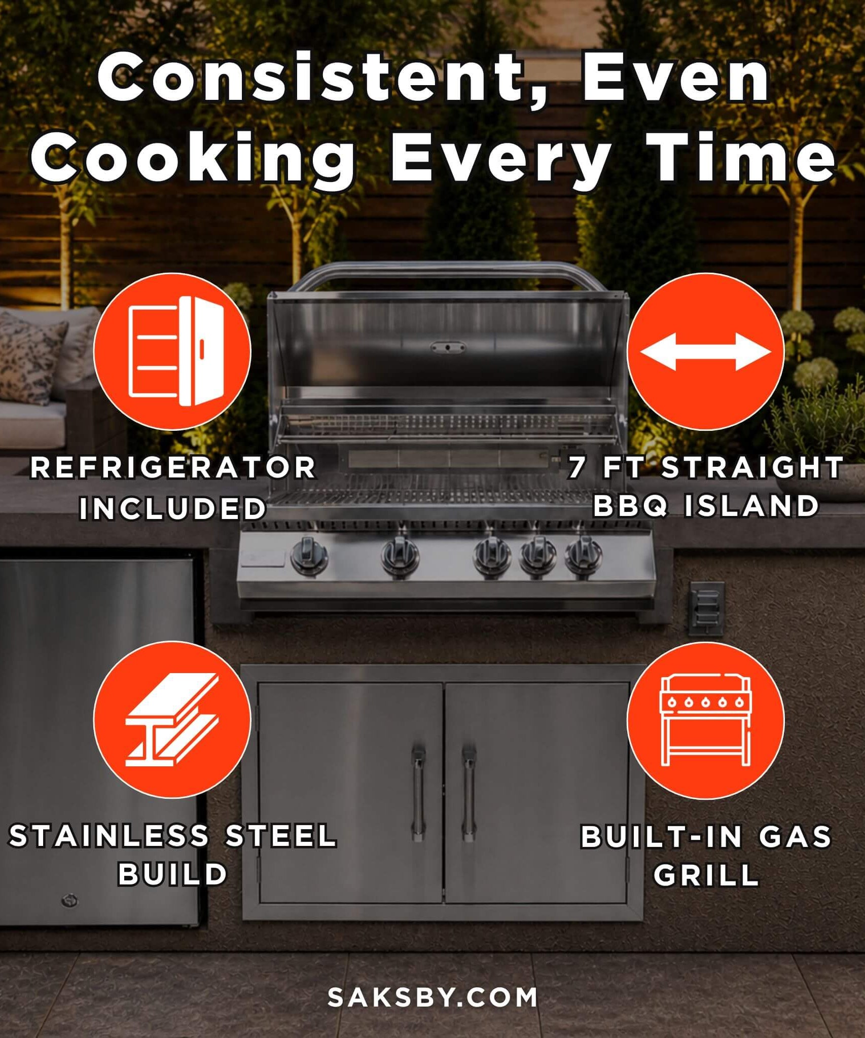 KoKoMo Grills 7FT Straight BBQ Island With Built-In BBQ And Refrigerator [Made-To-Order] (SAK46187)