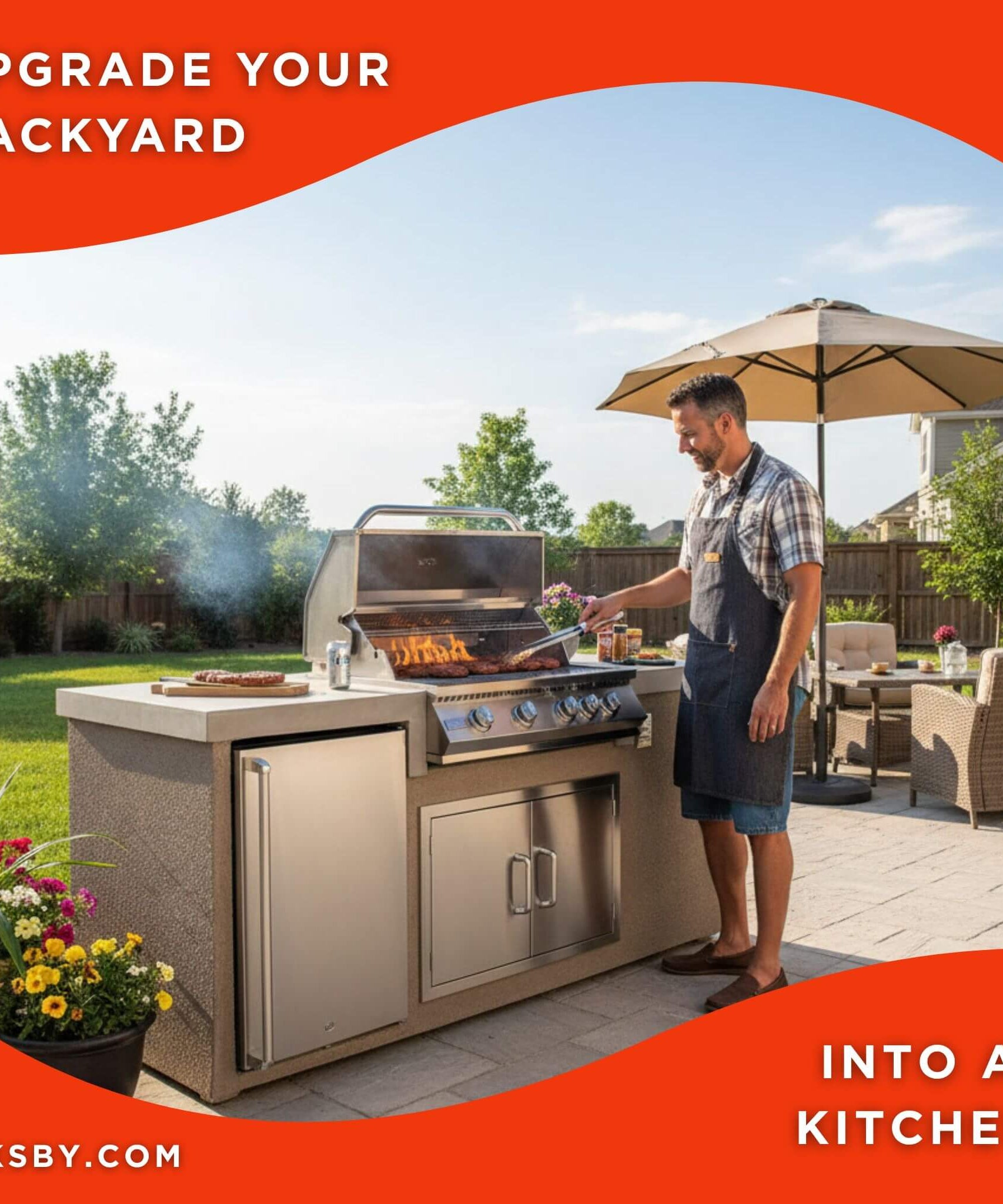 KoKoMo Grills 7FT Straight BBQ Island With Built-In BBQ And Refrigerator [Made-To-Order] (SAK46187)