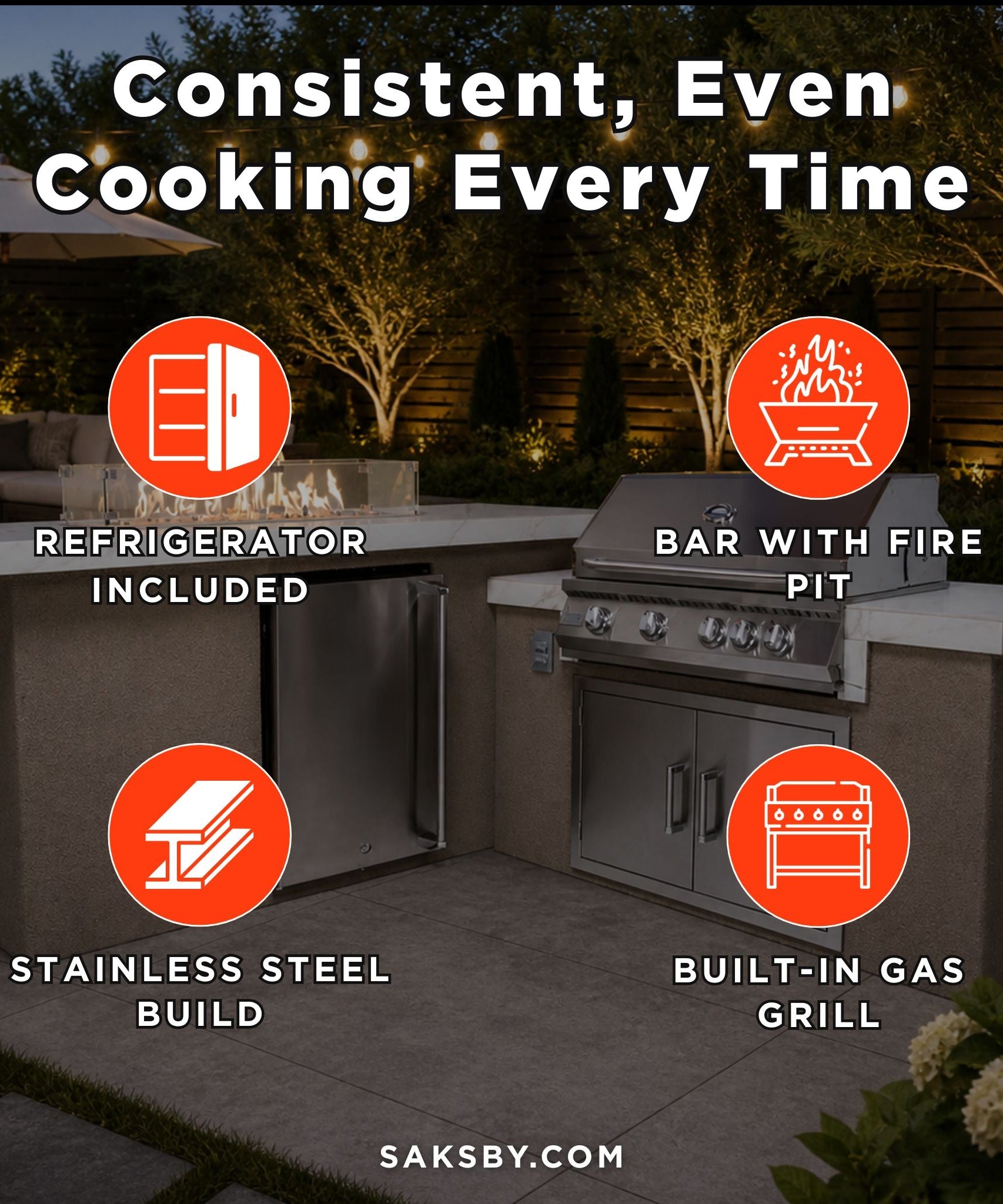 KoKoMo Grills Baja 9FT BBQ Island With LEDs, Built-In BBQ And Refrigerator [Made-To-Order] (SAK85739)
