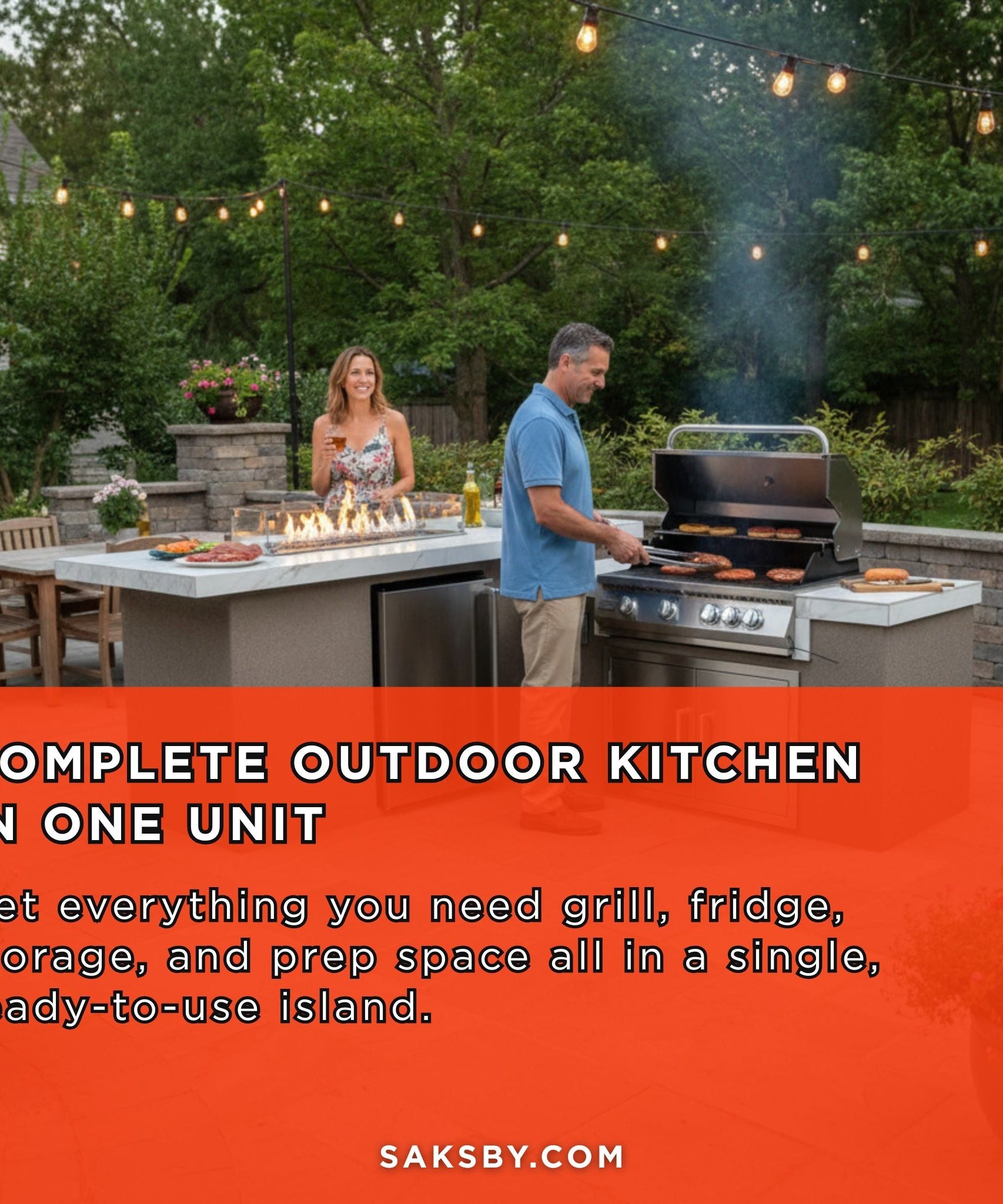 KoKoMo Grills Baja 9FT BBQ Island With LEDs, Built-In BBQ And Refrigerator [Made-To-Order] (SAK85739)