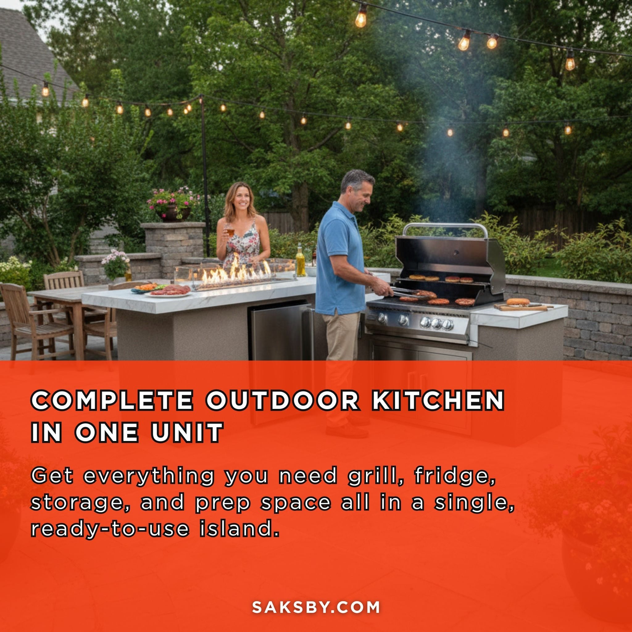 KoKoMo Grills Baja 9FT BBQ Island With LEDs, Built-In BBQ And Refrigerator [Made-To-Order] (SAK85739)