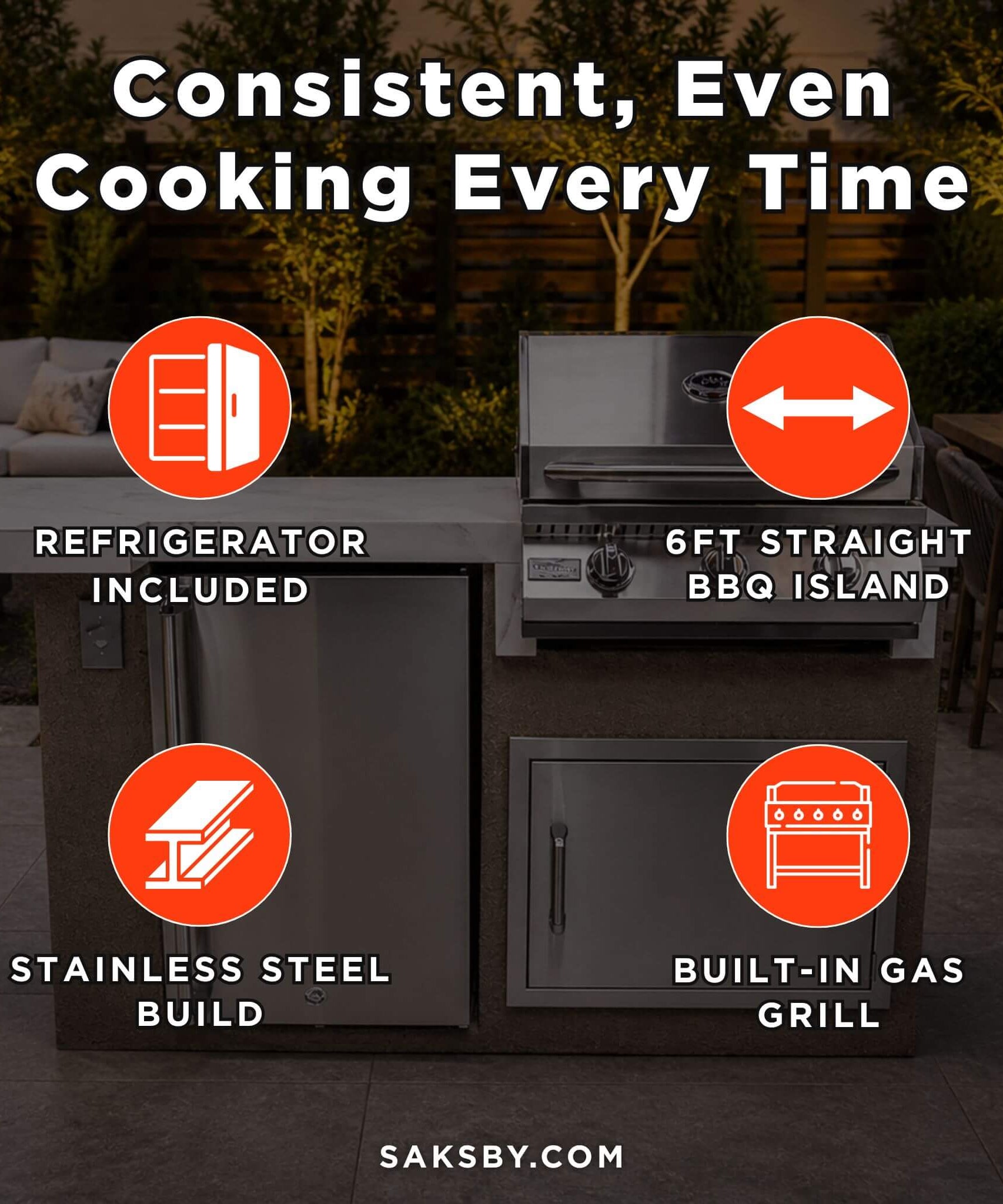 KoKoMo Grills Mini Maui 6FT BBQ Island With LED Lights, Built-In BBQ And Refrigerator [Made-To-Order] (SAK53828)