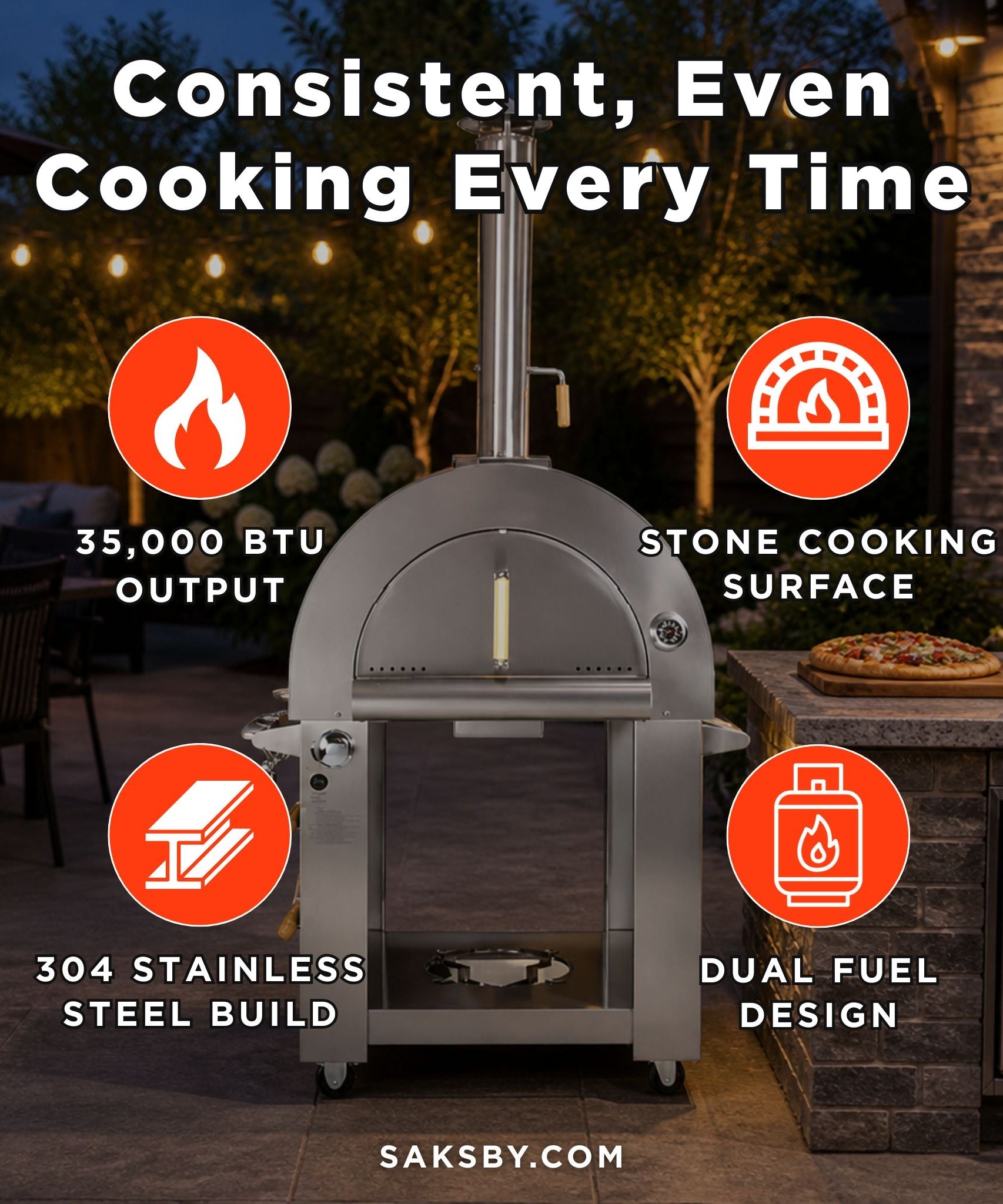 KoKoMo Grills Premium 32-Inch Stainless Steel Dual Fuel Gas Or Wood Fired Pizza Oven [KO-PIZZAOVEN] (SAK14753)