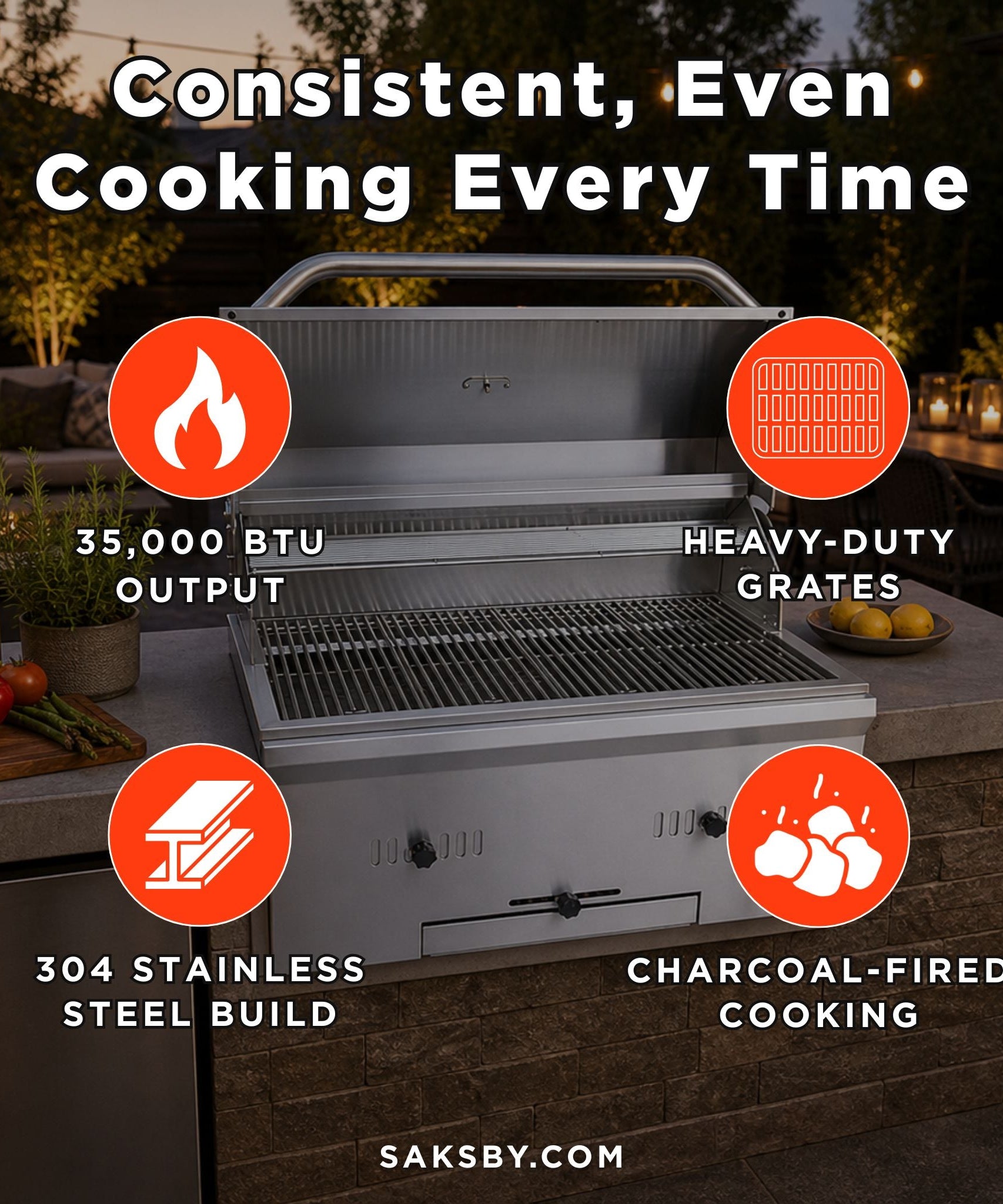 KoKoMo Grills Premium Built-In Charcoal Grill With 304 Stainless Steel And Adjustable Heat Tray, 32" (SAK32504)