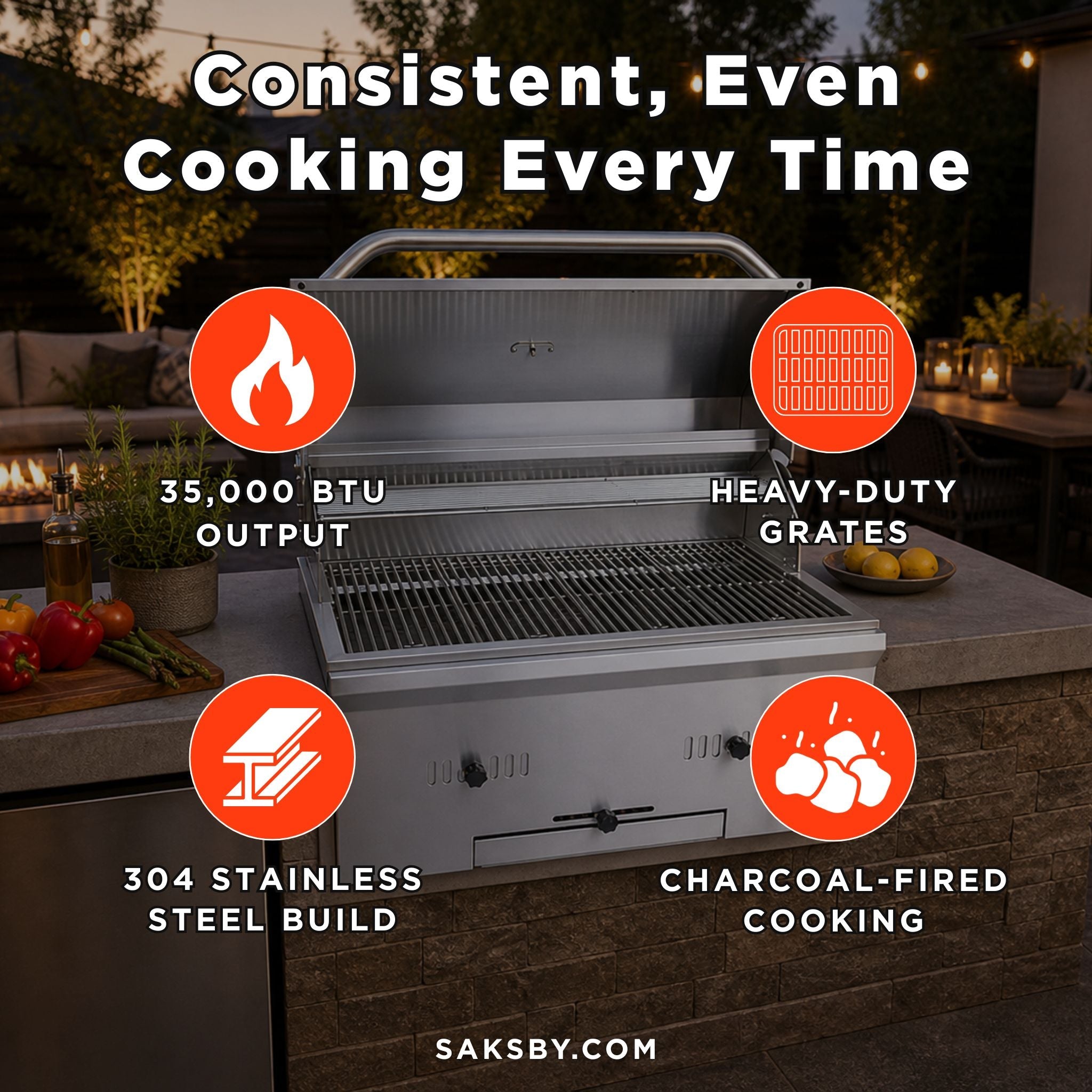 KoKoMo Grills Premium Built-In Charcoal Grill With 304 Stainless Steel And Adjustable Heat Tray, 32" (SAK32504)