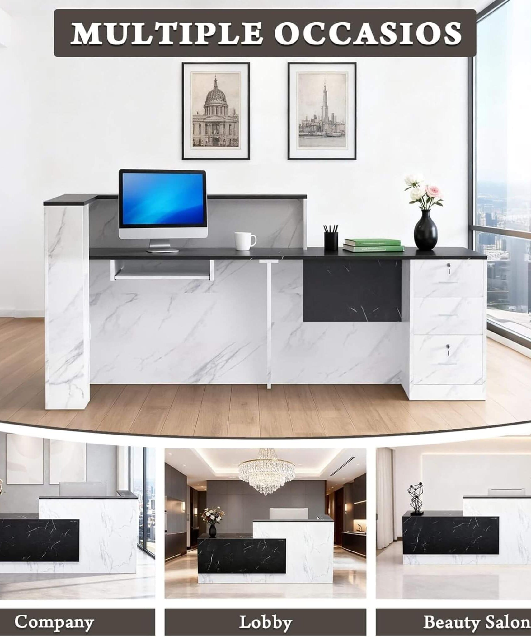 Velmor L-Shaped Modern Black And White Reception Desk With Lockable Drawers (SAK50729)