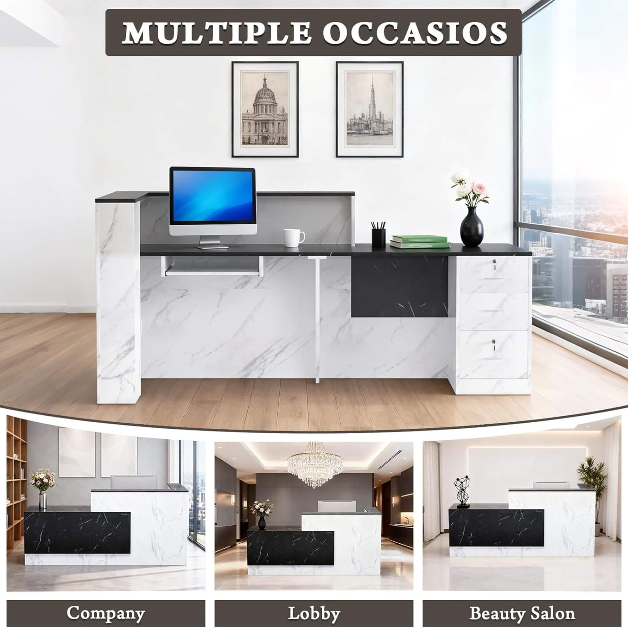Velmor L-Shaped Modern Black And White Reception Desk With Lockable Drawers (SAK50729)