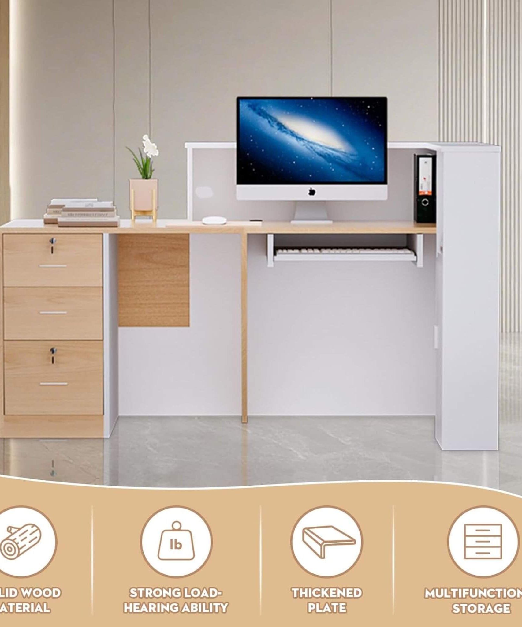Velmor L-Shaped Modern Brown And White Reception Desk With Lockable Drawers (SAK26491)