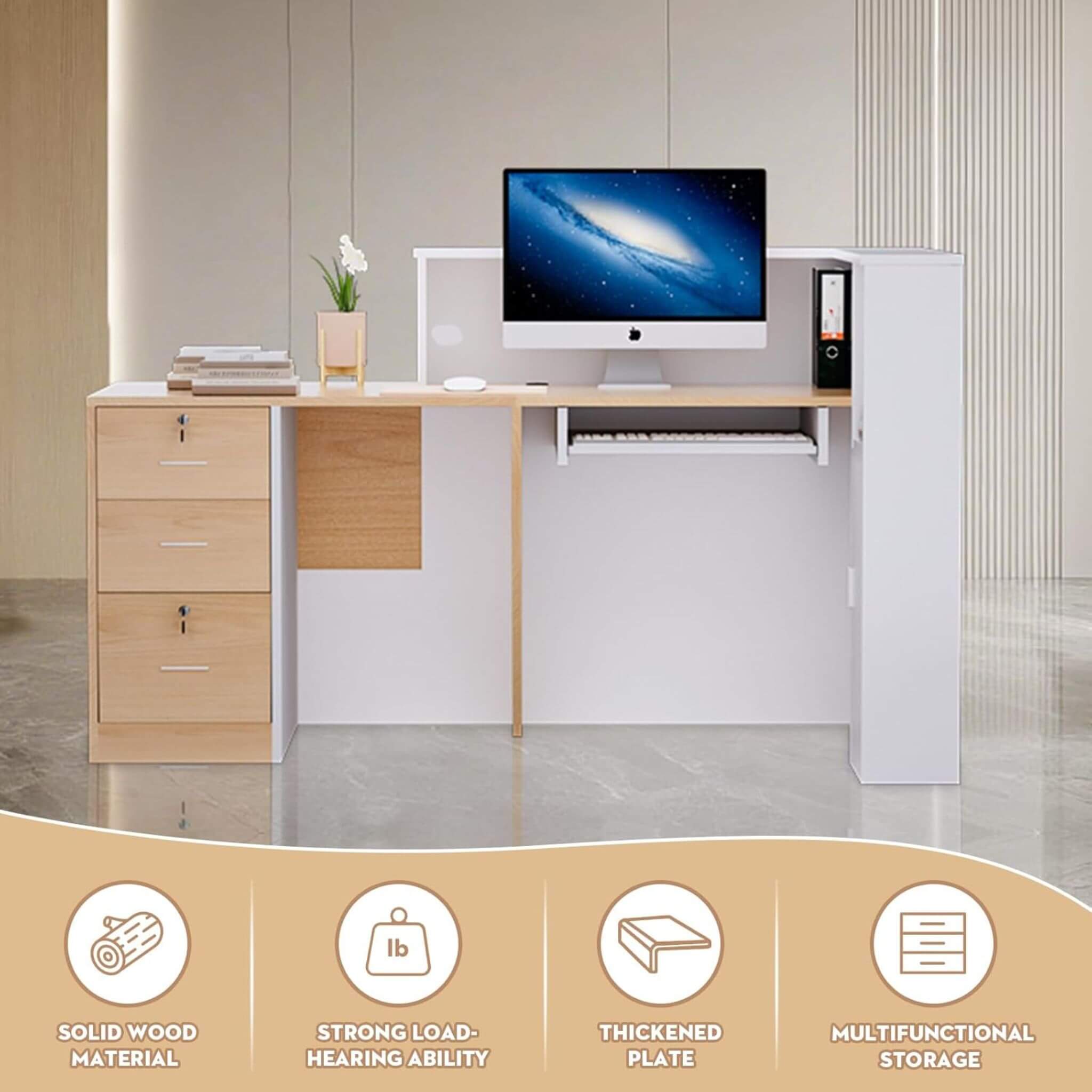 Velmor L-Shaped Modern Brown And White Reception Desk With Lockable Drawers (SAK26491)