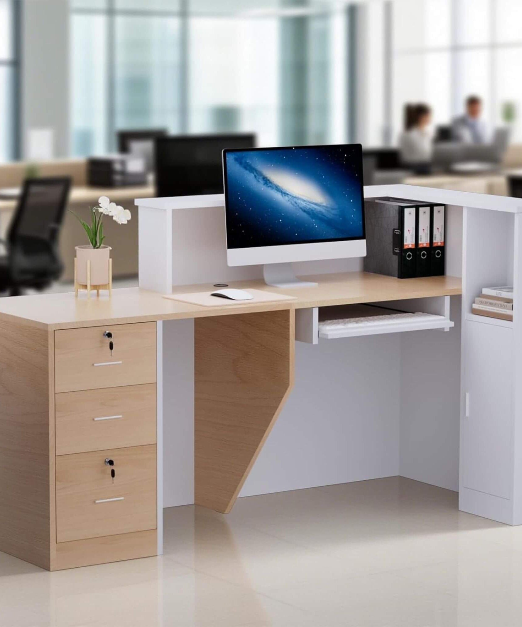 Velmor L-Shaped Modern Brown And White Reception Desk With Lockable Drawers (SAK26491)