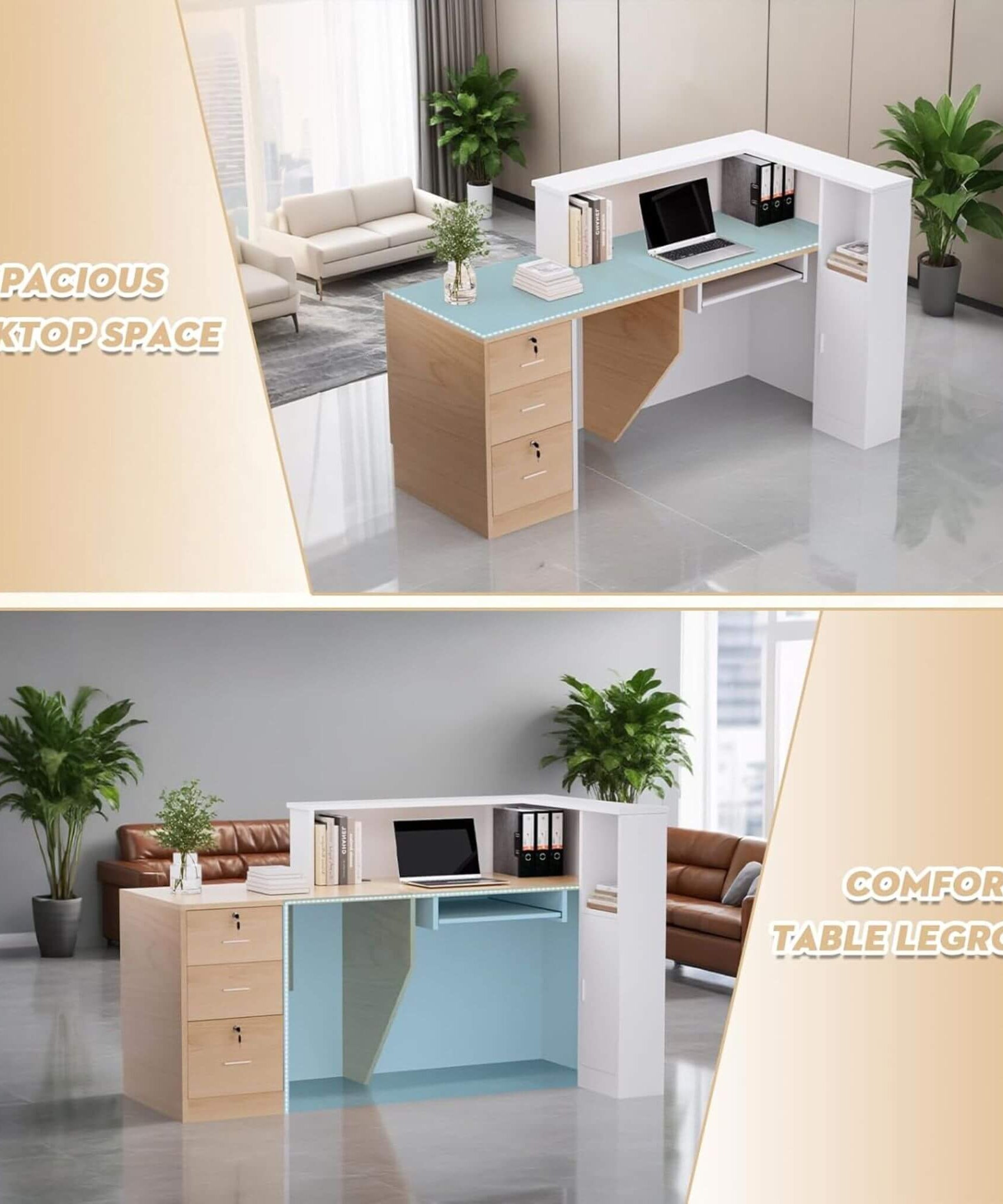 Velmor L-Shaped Modern Brown And White Reception Desk With Lockable Drawers (SAK26491)