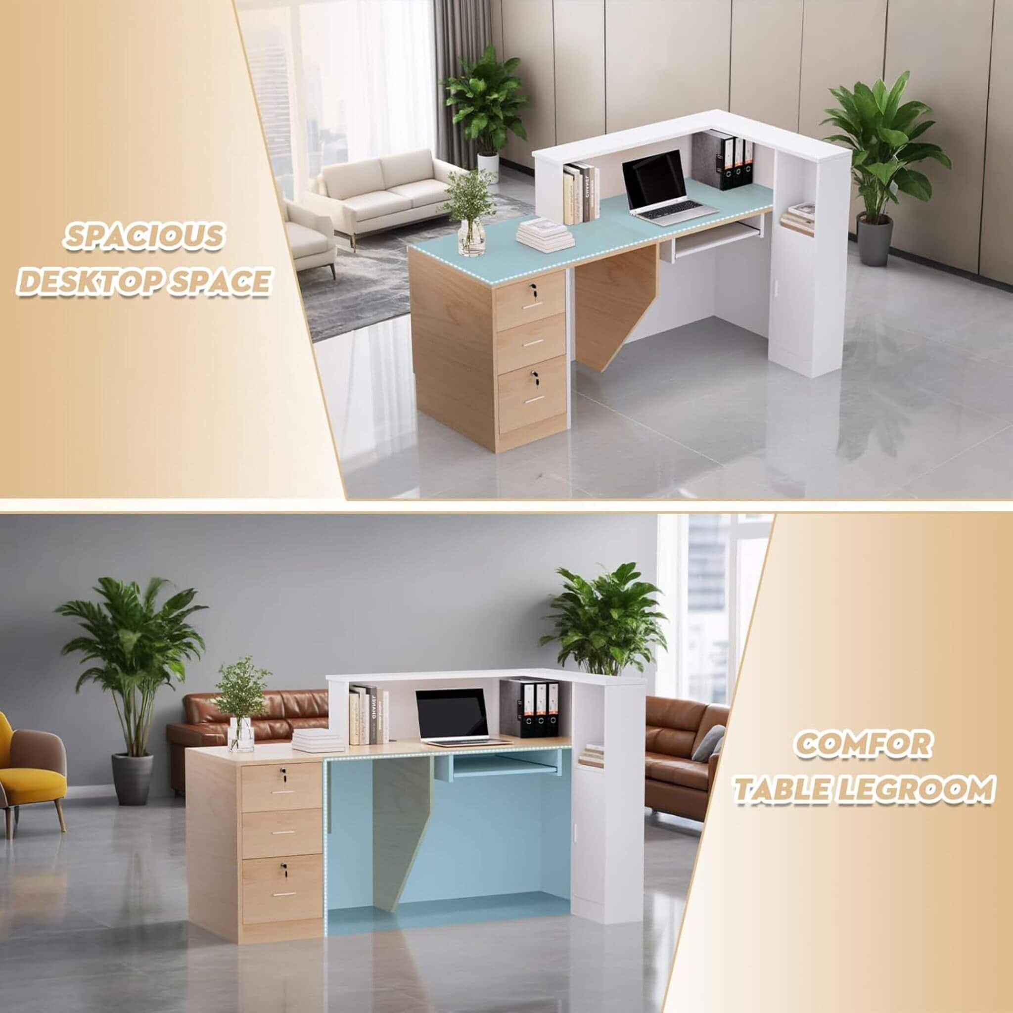 Velmor L-Shaped Modern Brown And White Reception Desk With Lockable Drawers (SAK26491)