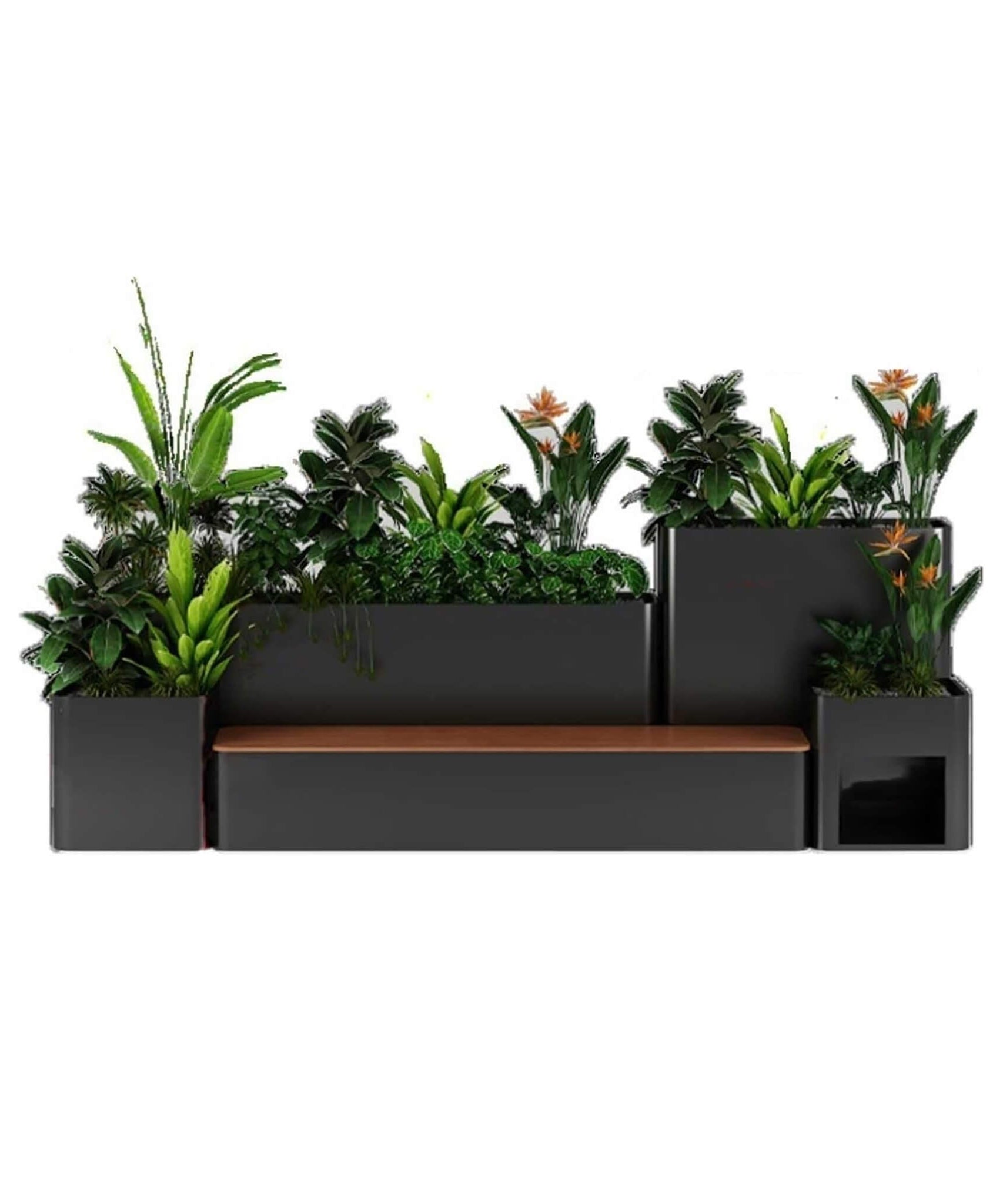 10FT Large Industrial Outdoor Flowerbox Bench With Metal Planter And Hardwood Seat [Made-To-Order] (SAK95620)
