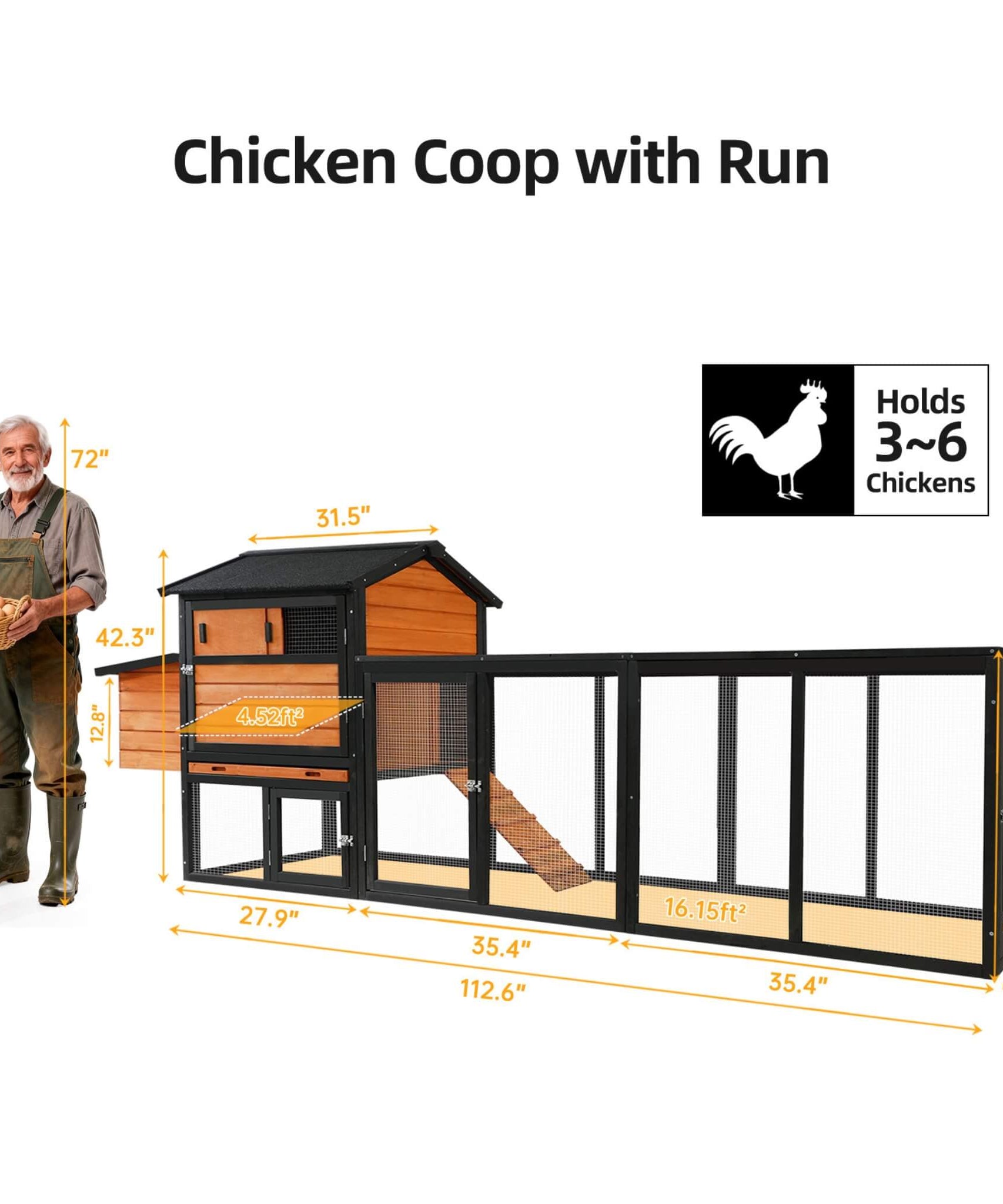 Large 114-Inch Outdoor Wooden Chicken Coop With Run And Nesting Box (SAK83516)