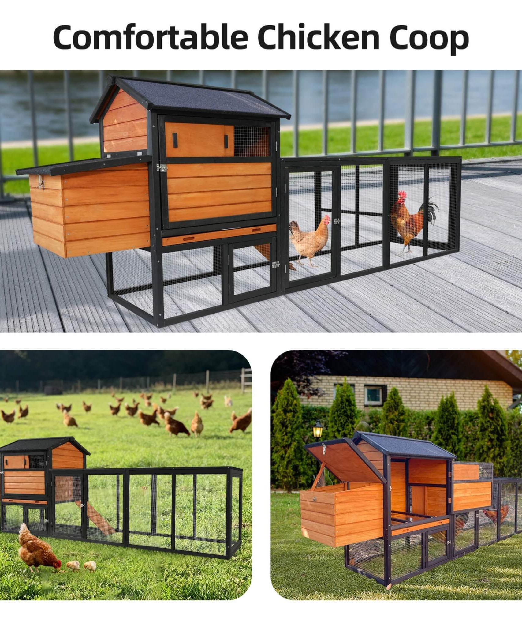 Large 114-Inch Outdoor Wooden Chicken Coop With Run And Nesting Box (SAK83516)