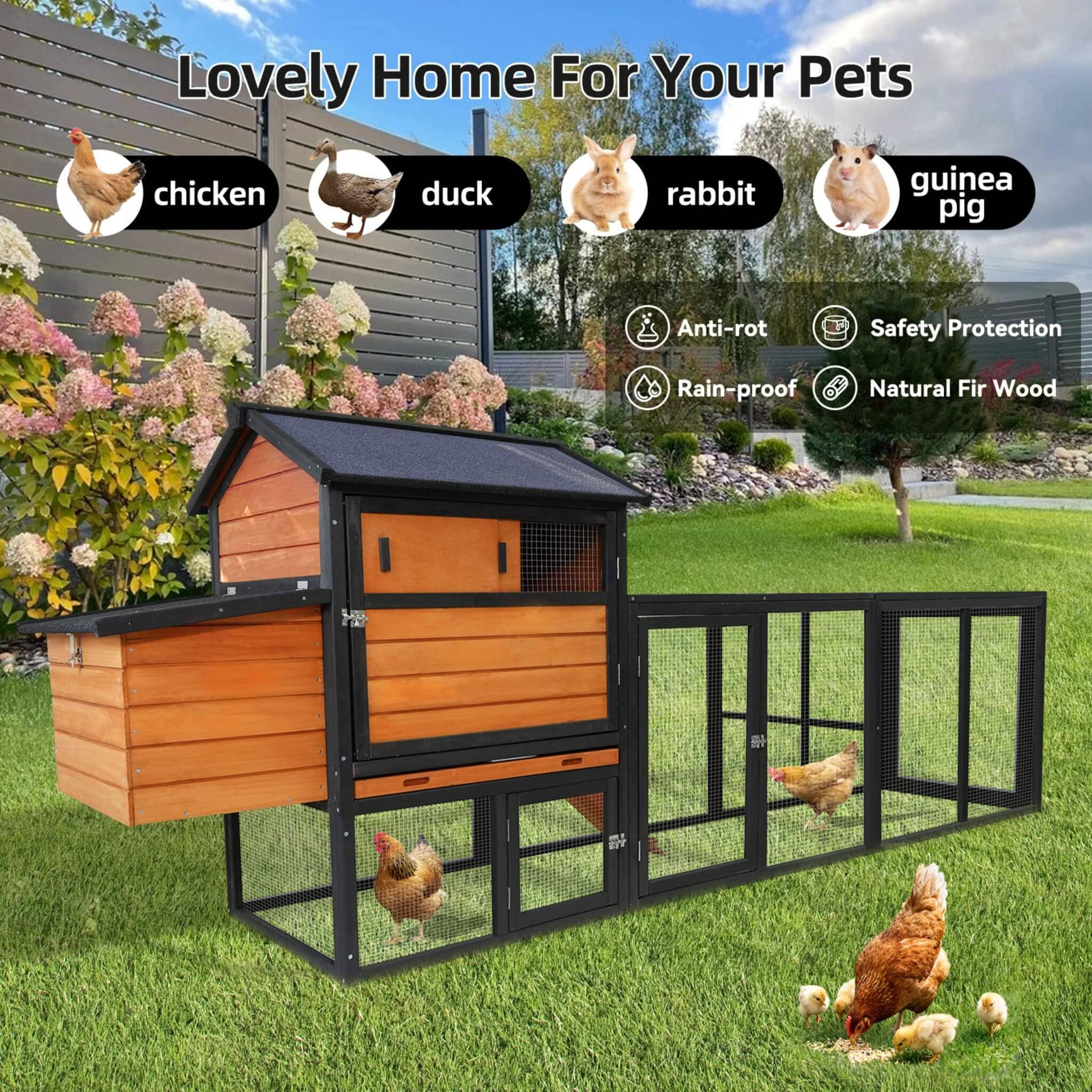 Large 114-Inch Outdoor Wooden Chicken Coop With Run And Nesting Box (SAK83516)
