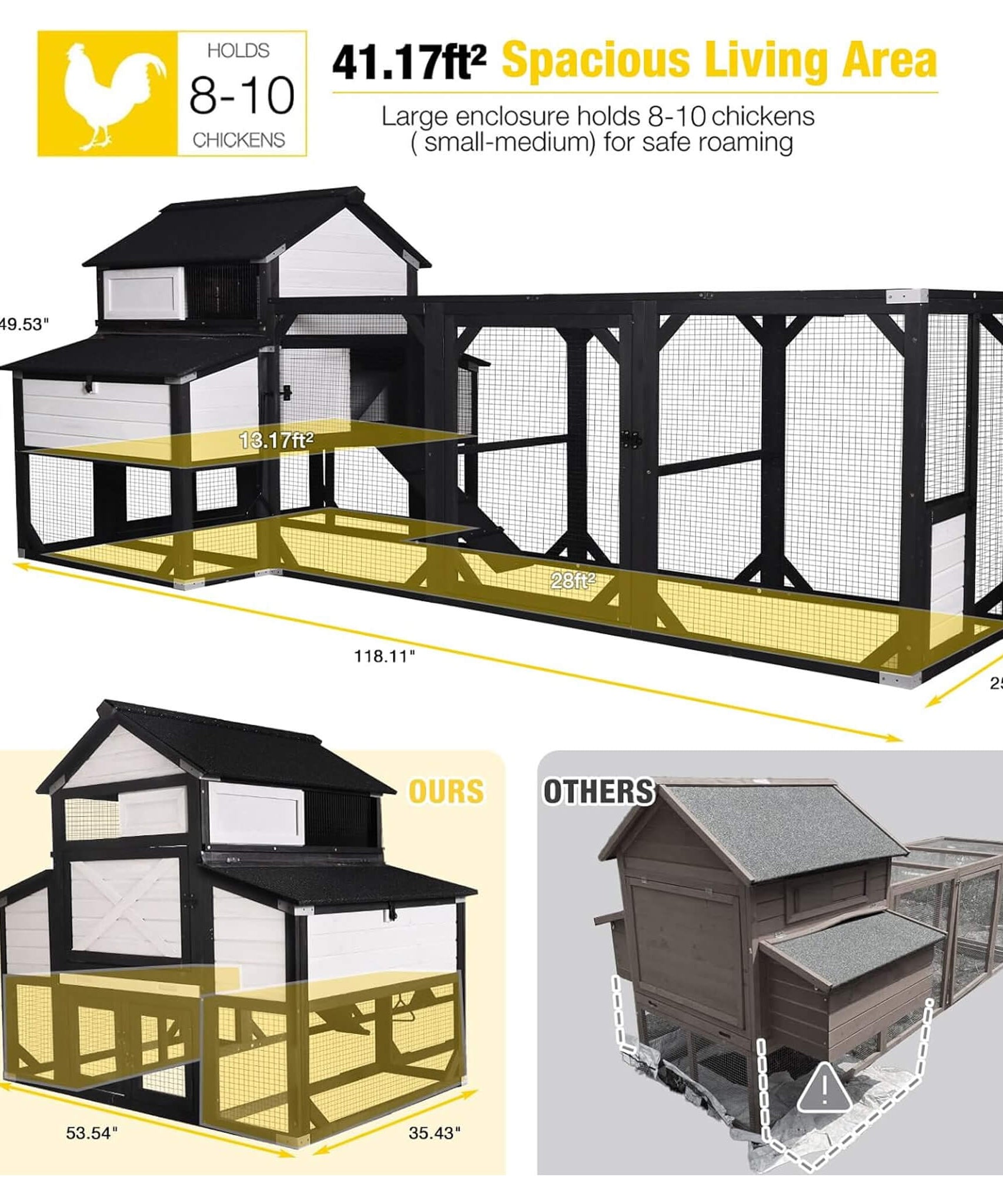 Large 118-Inch Outdoor Wooden Chicken Coop With Extended Run And 6 Nesting Boxes [8-10 Chickens] (SAK63940)