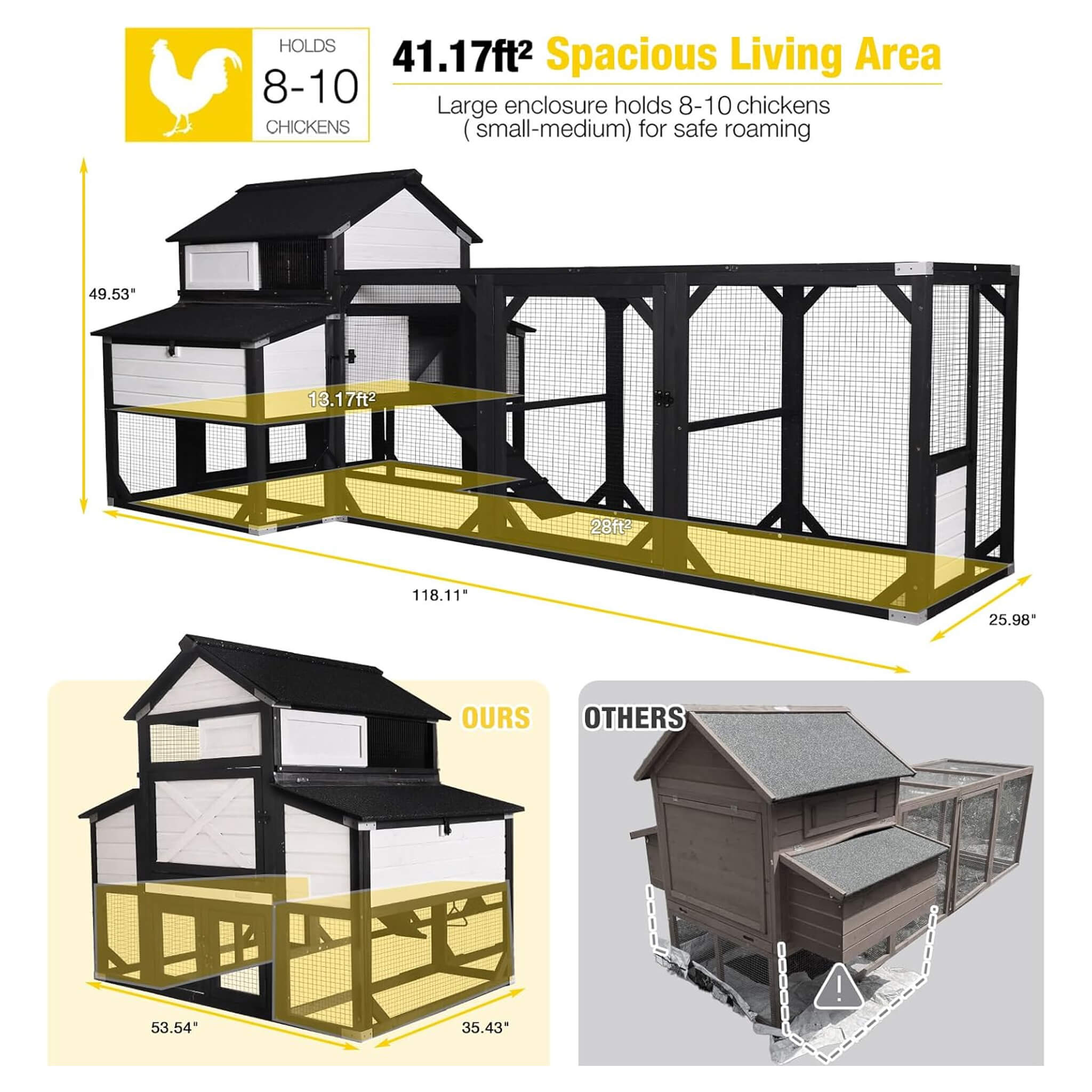 Large 118-Inch Outdoor Wooden Chicken Coop With Extended Run And 6 Nesting Boxes [8-10 Chickens] (SAK63940)