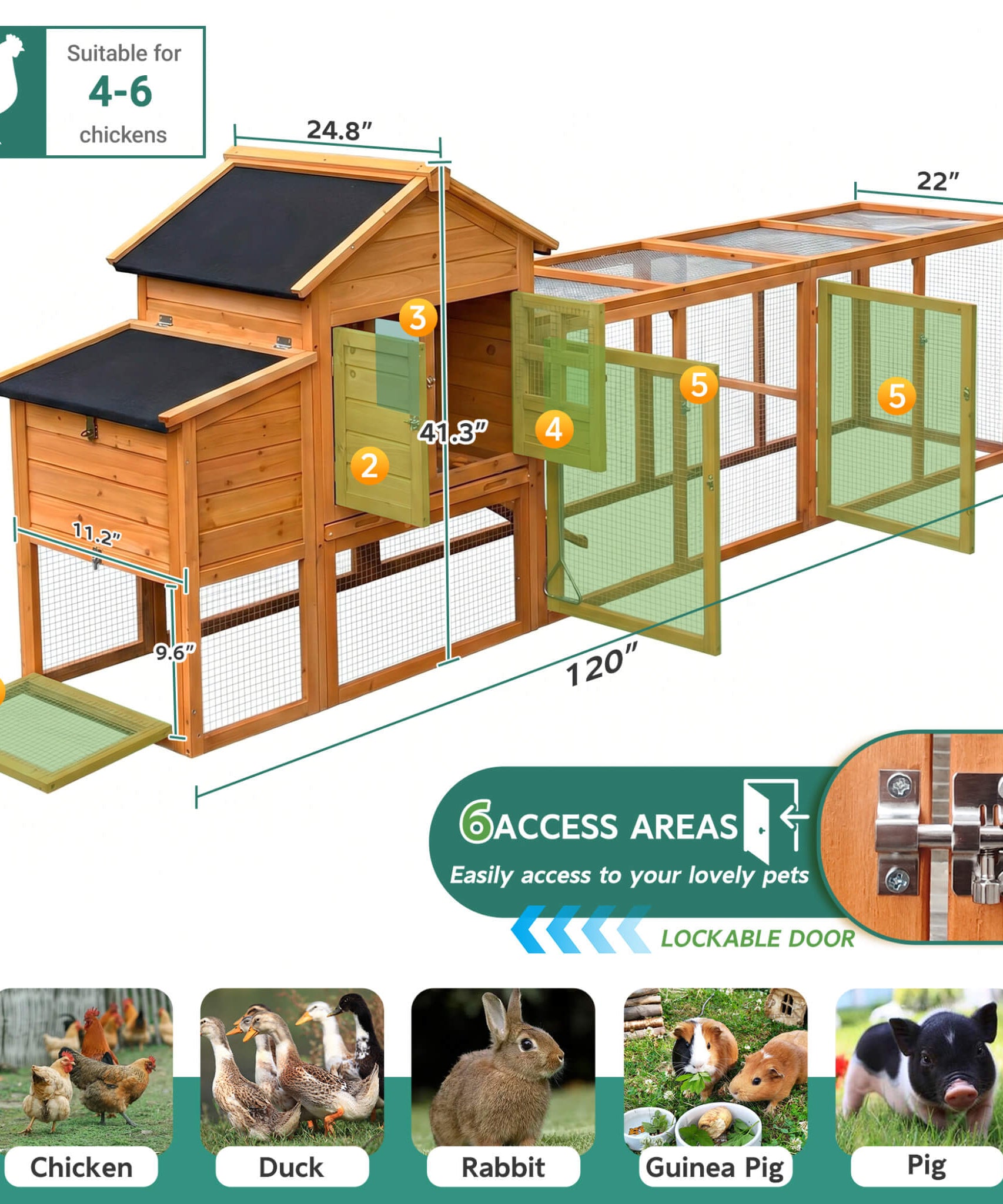 Large 122-Inch Chicken Coop With Run, Nest Box & Removable Tray For 4-6 Hens (SAK19542)