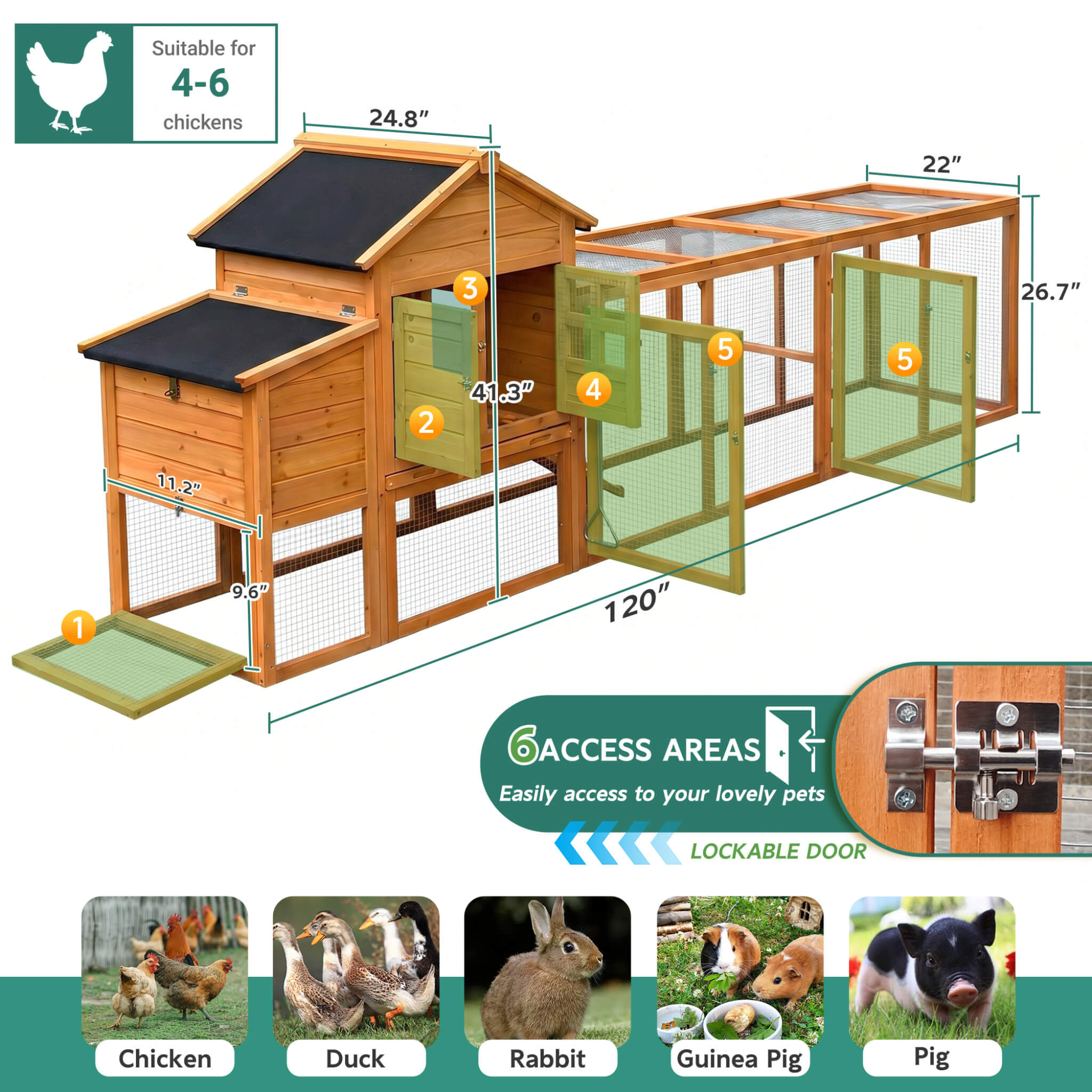 Large 122-Inch Chicken Coop With Run, Nest Box & Removable Tray For 4-6 Hens (SAK19542)