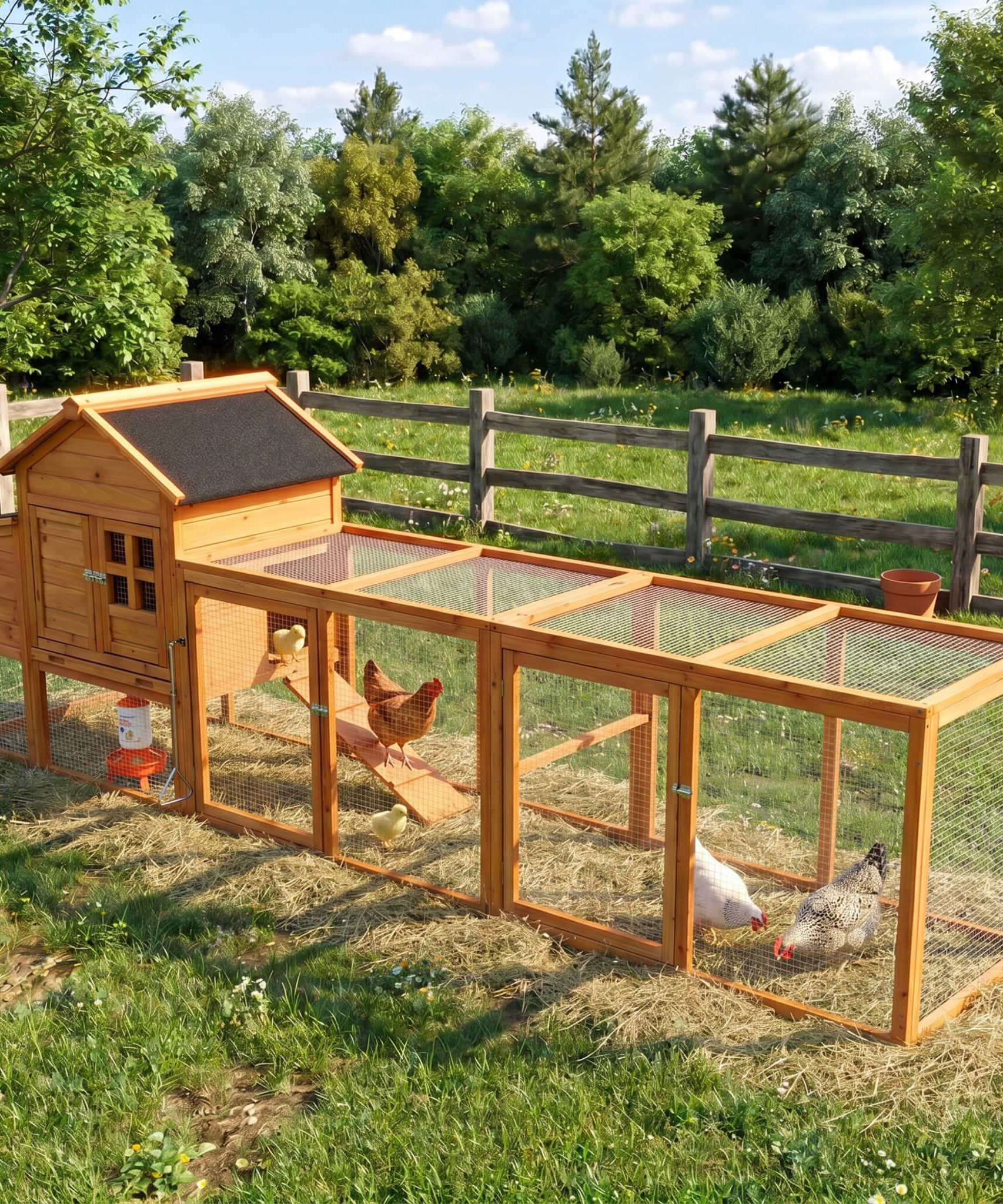 Large 122-Inch Chicken Coop With Run, Nest Box & Removable Tray For 4-6 Hens (SAK19542)