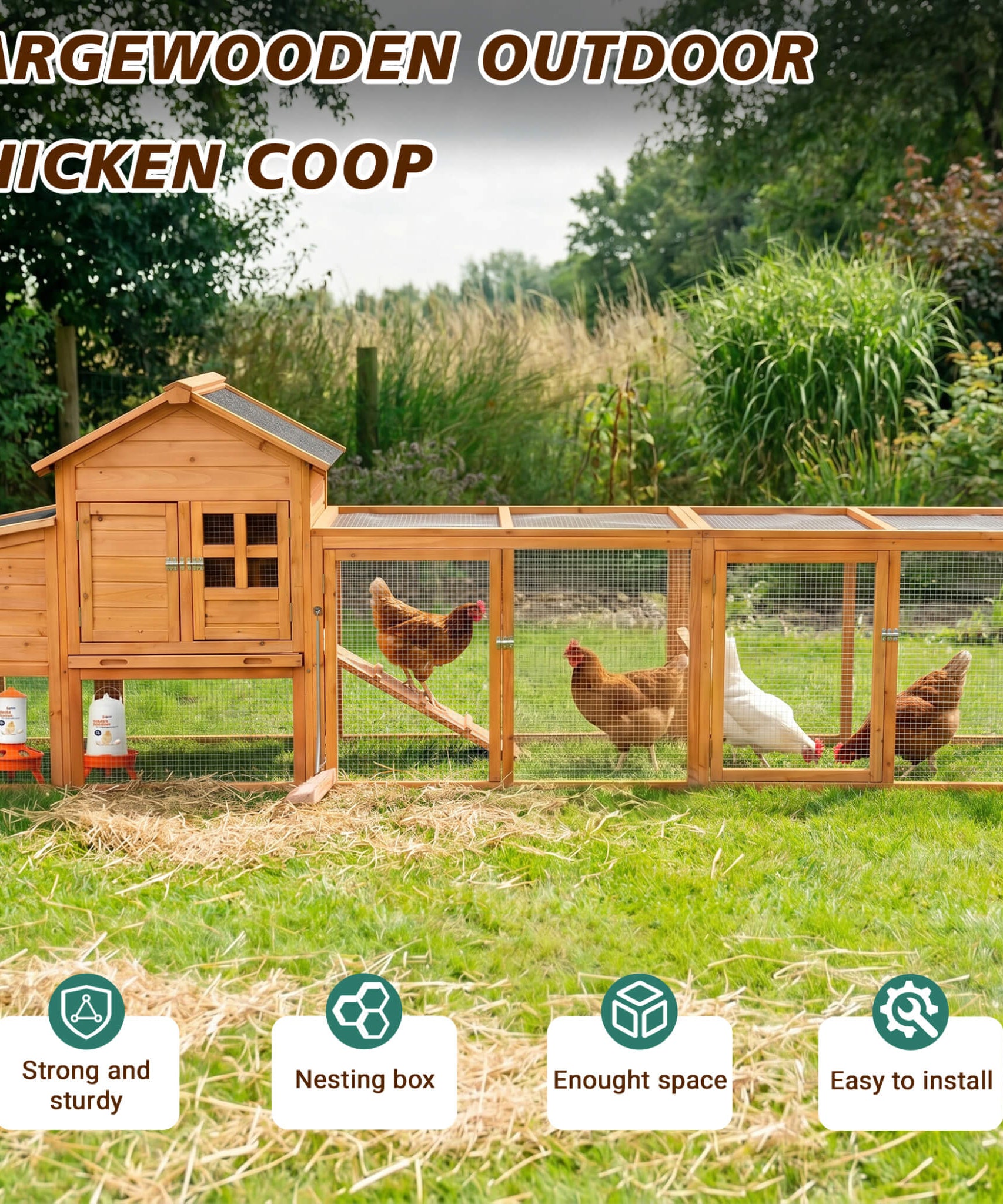 Large 122-Inch Chicken Coop With Run, Nest Box & Removable Tray For 4-6 Hens (SAK19542)